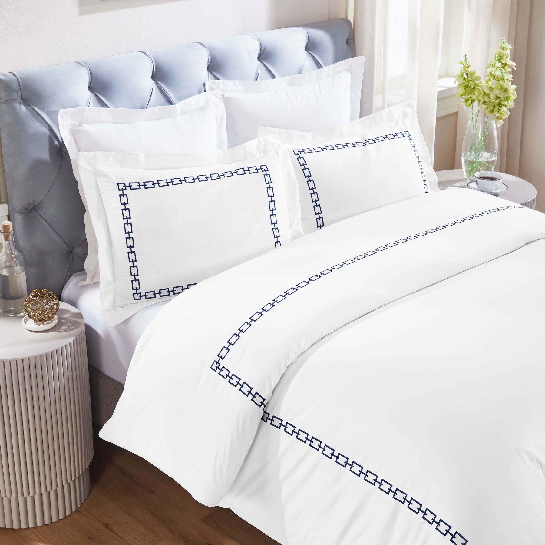Chain Links Cotton Embroidered 3 Piece Duvet Cover Set