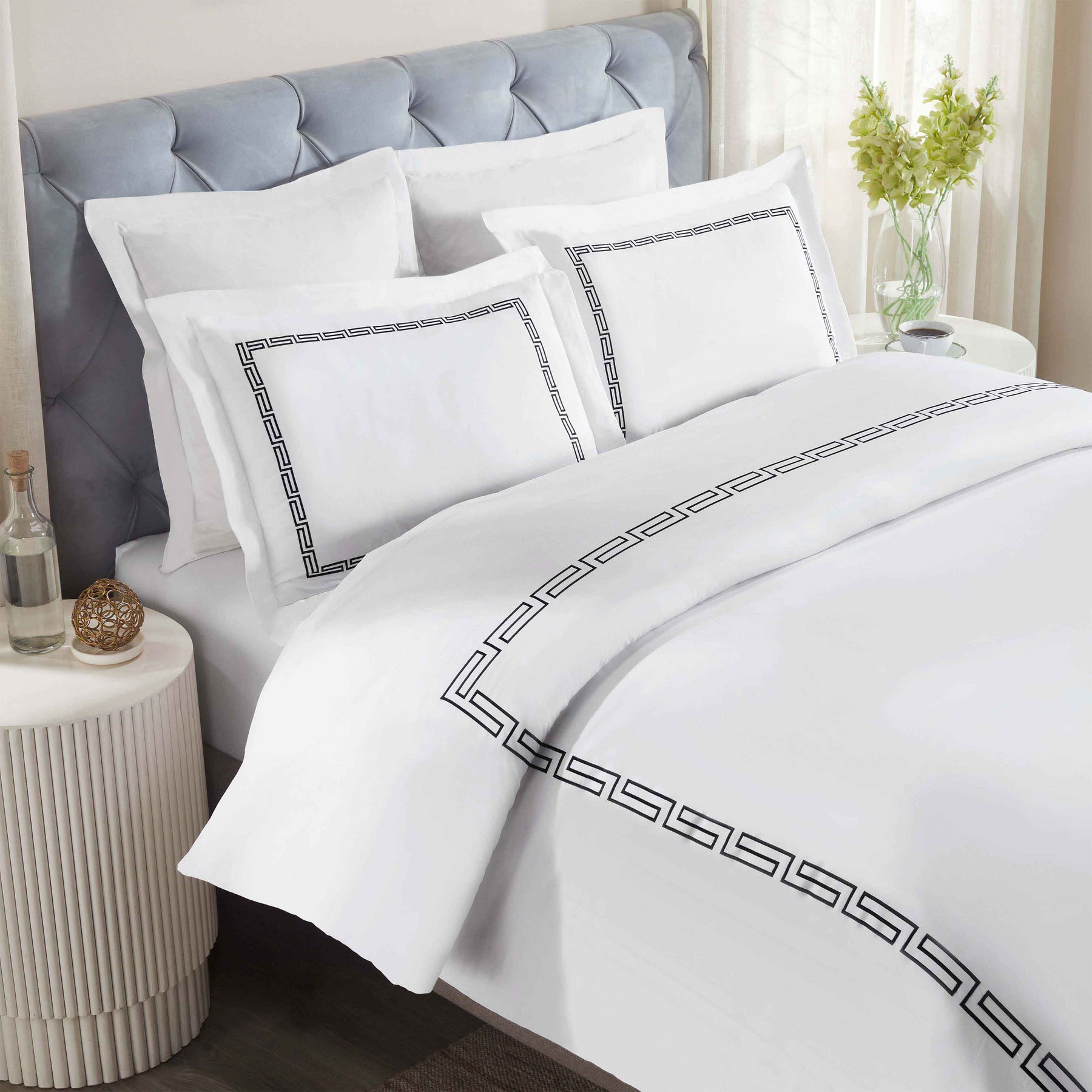 Harrison Cotton Greek Key Embroidered 3 Piece Duvet Cover Set