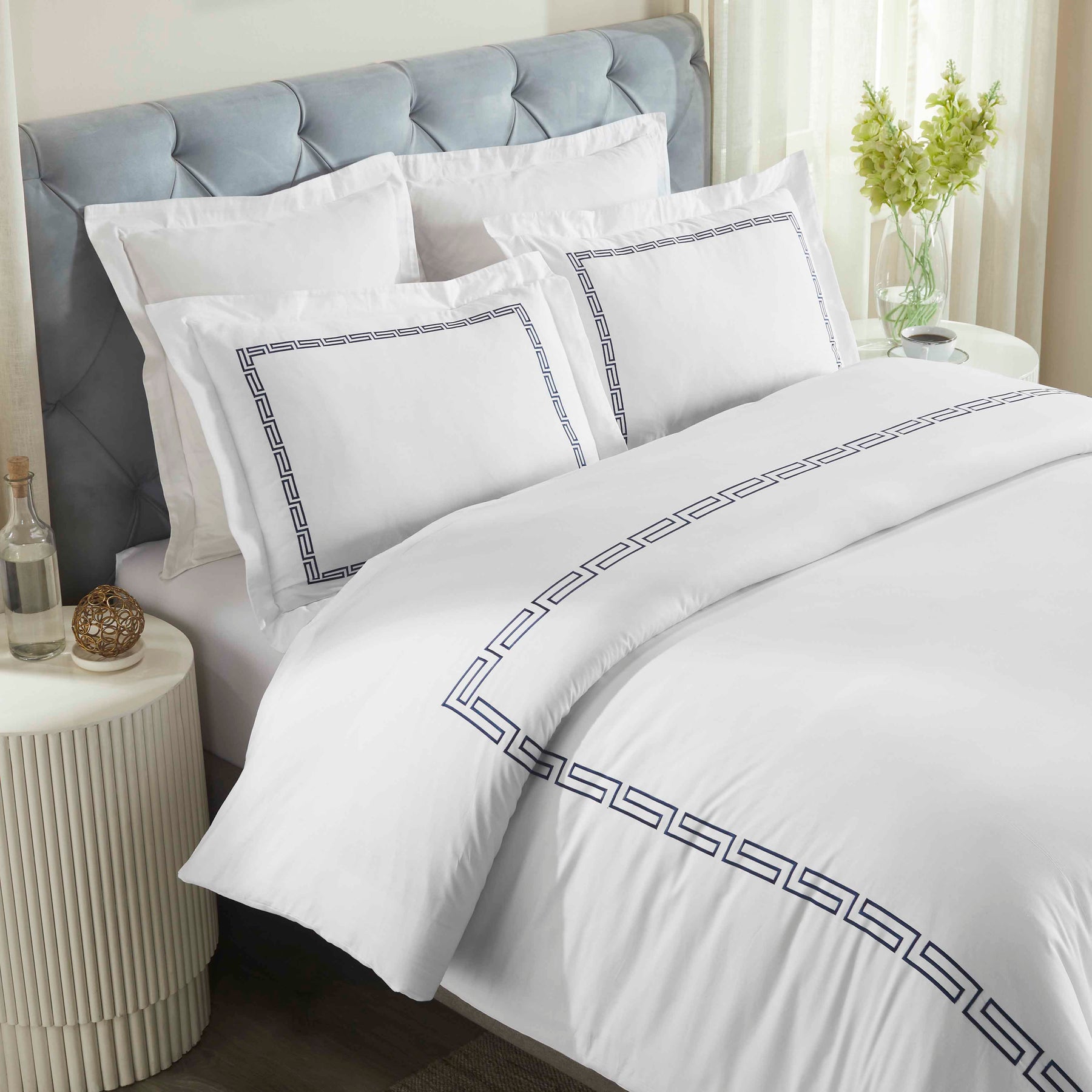 Harrison Cotton Greek Key Embroidered 3 Piece Duvet Cover Set