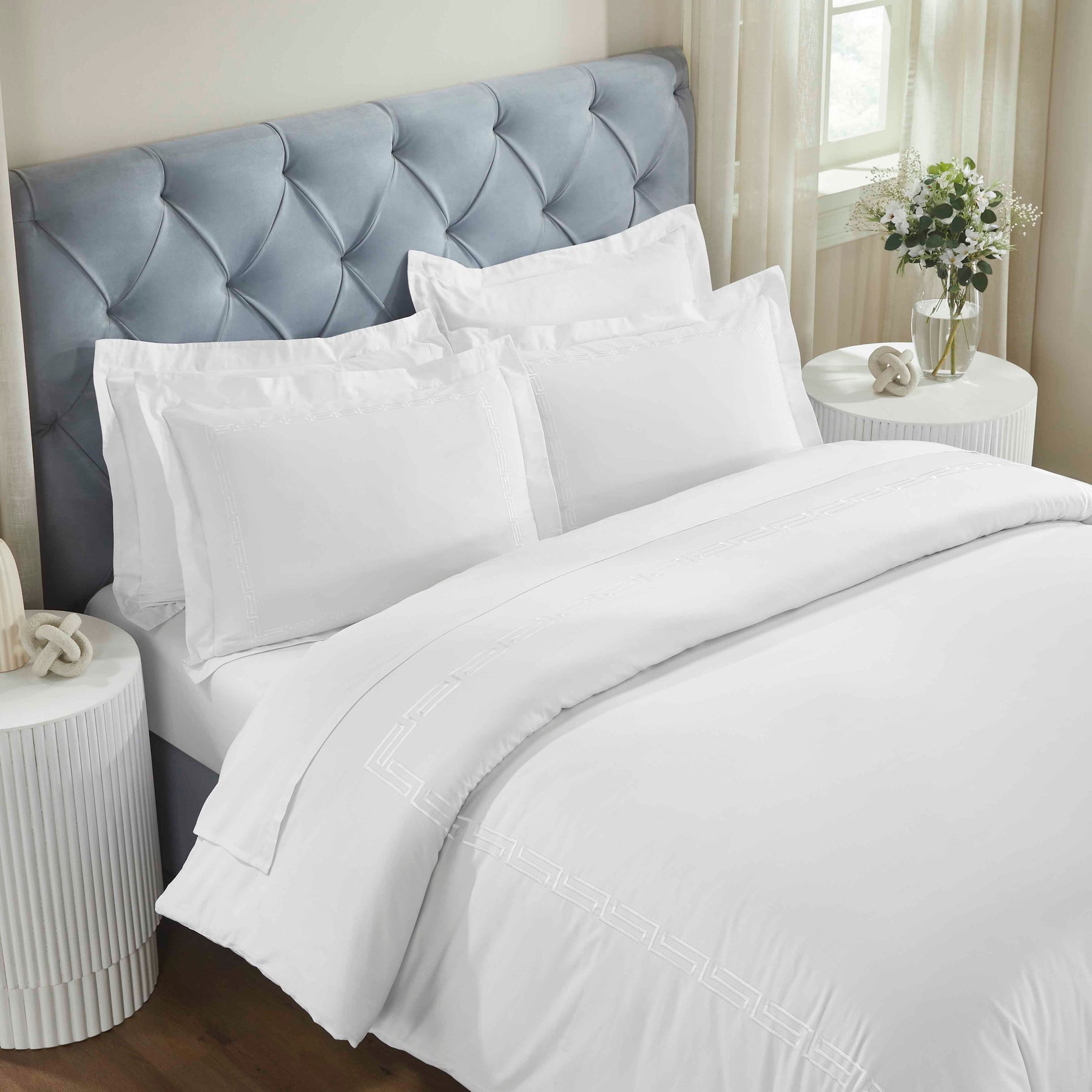 Harrison Cotton Greek Key Embroidered 3 Piece Duvet Cover Set
