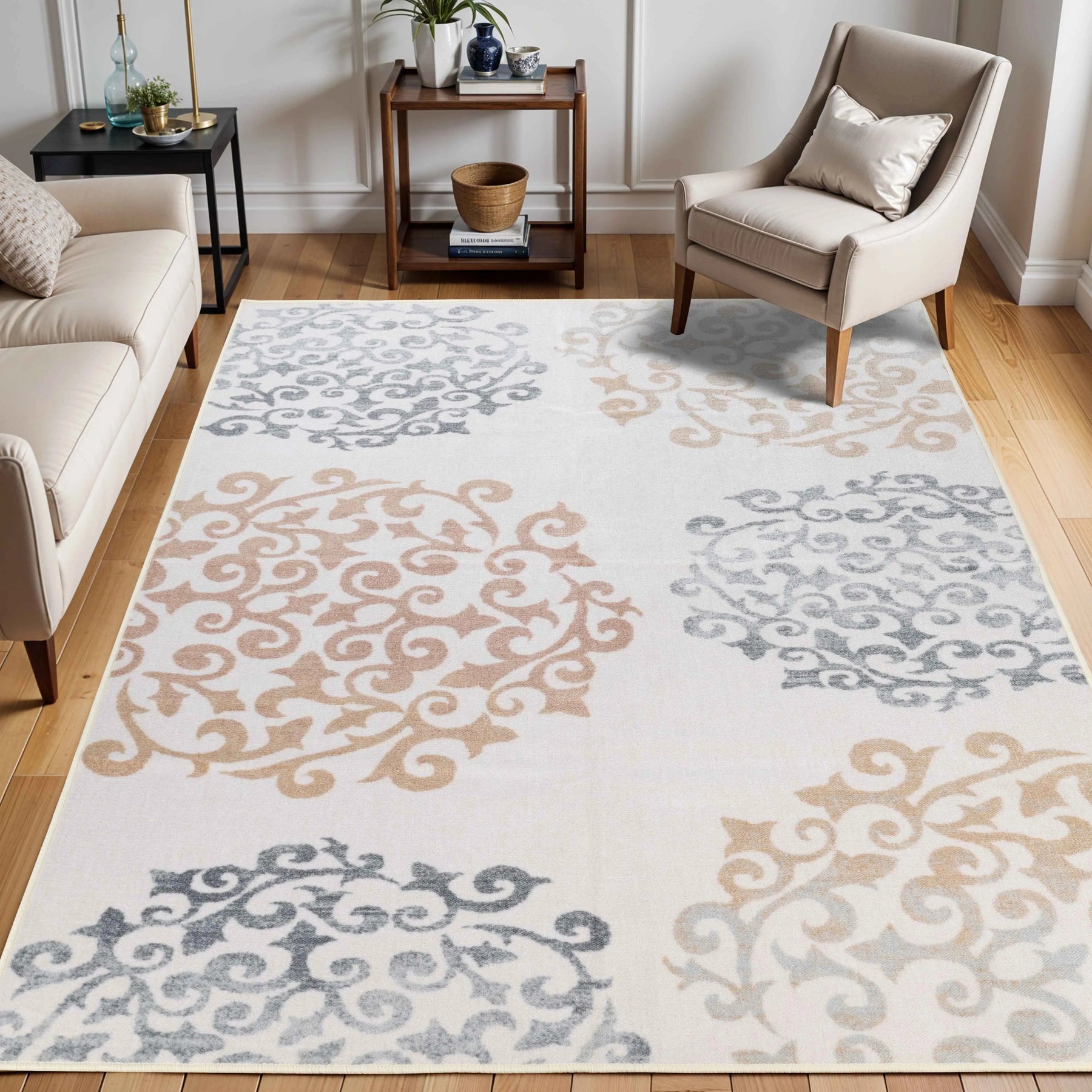 Amber Floral Scroll Medallion Non-Slip Washable Indoor Area Rug or Runner