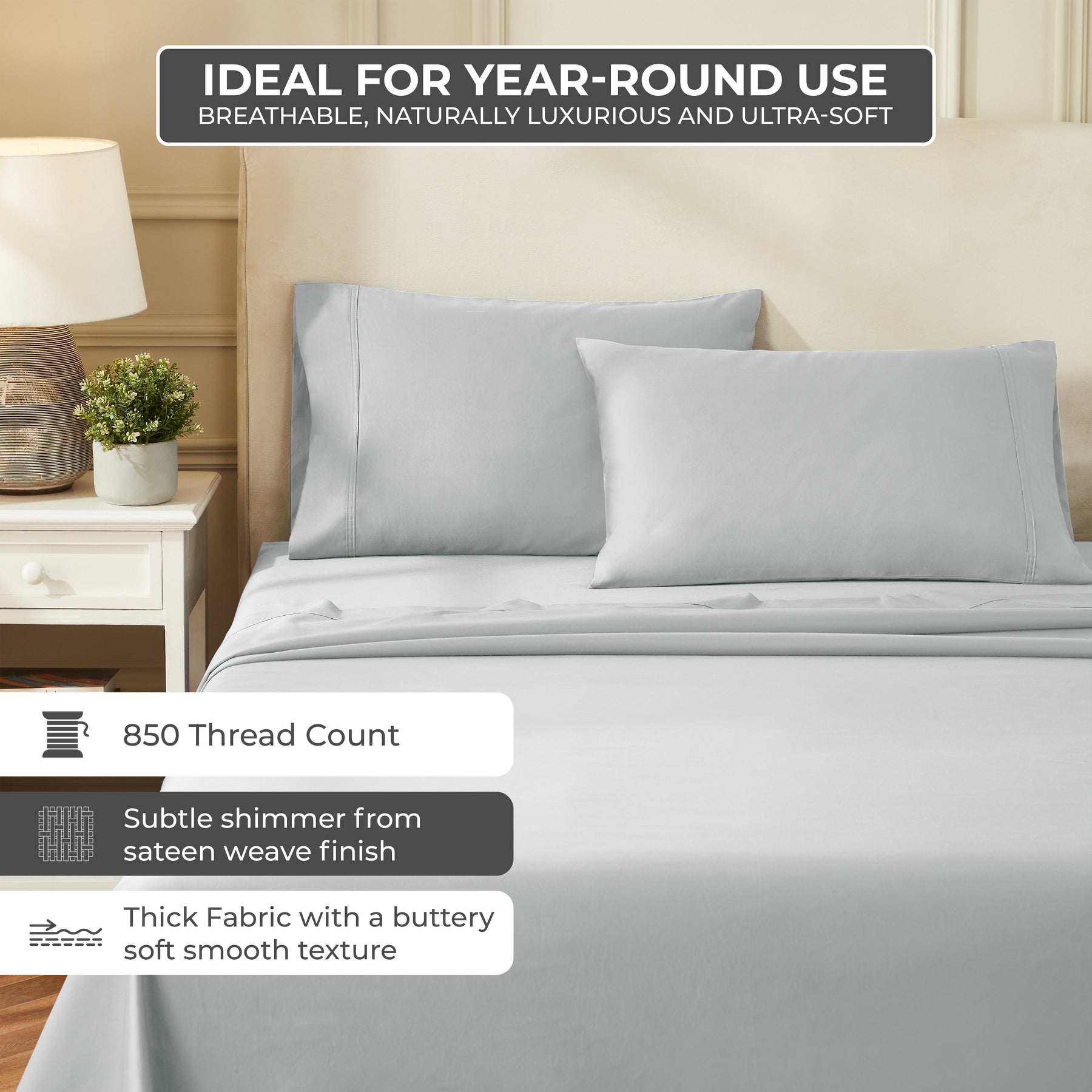 Egyptian Cotton 850 Thread Count Solid Luxury Pillowcases, Set of 2