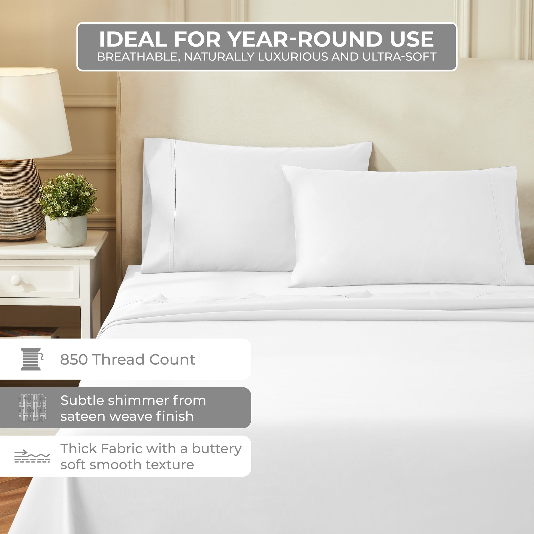 Egyptian Cotton 850 Thread Count Solid Luxury Pillowcases, Set of 2