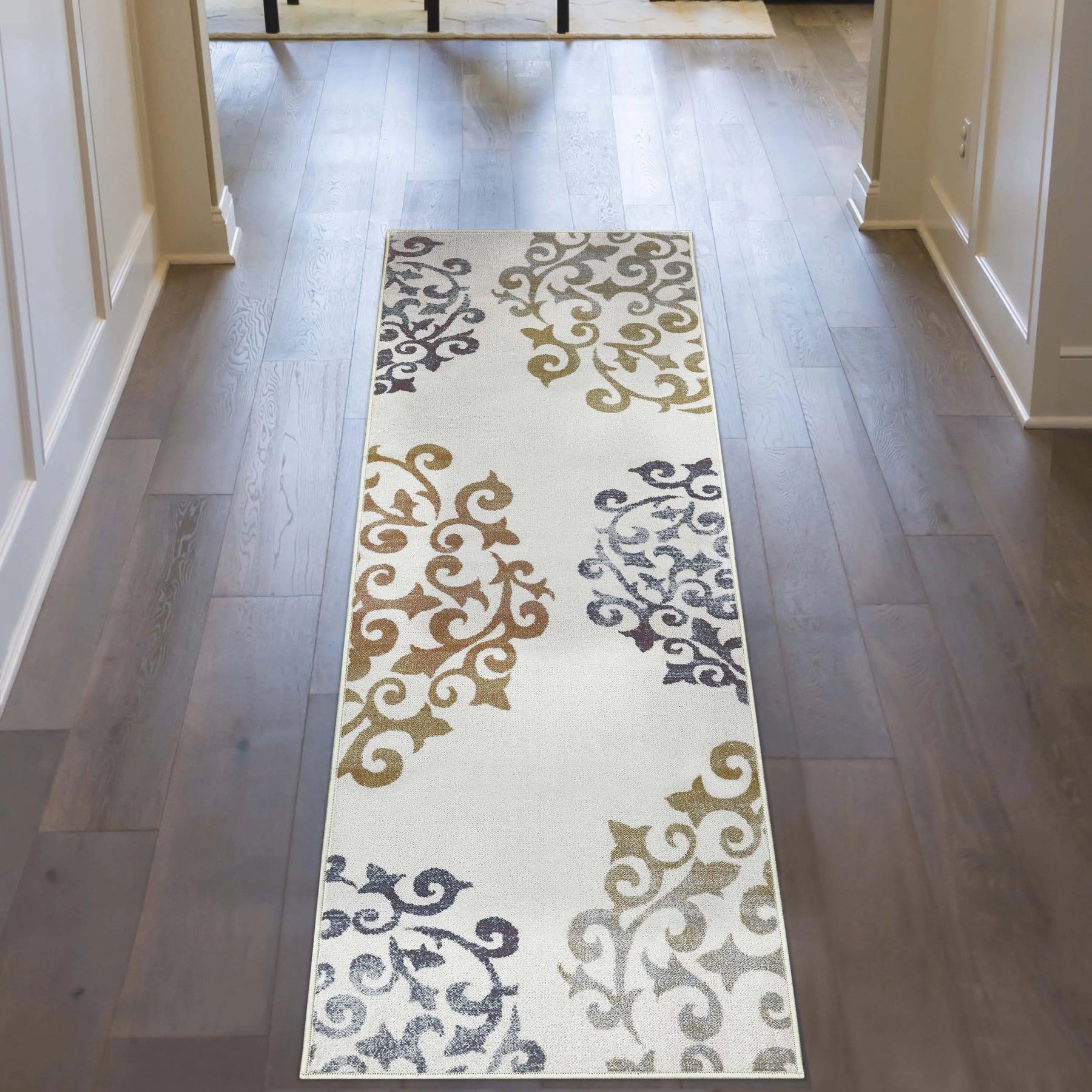 Amber Floral Scroll Medallion Non-Slip Washable Indoor Area Rug or Runner