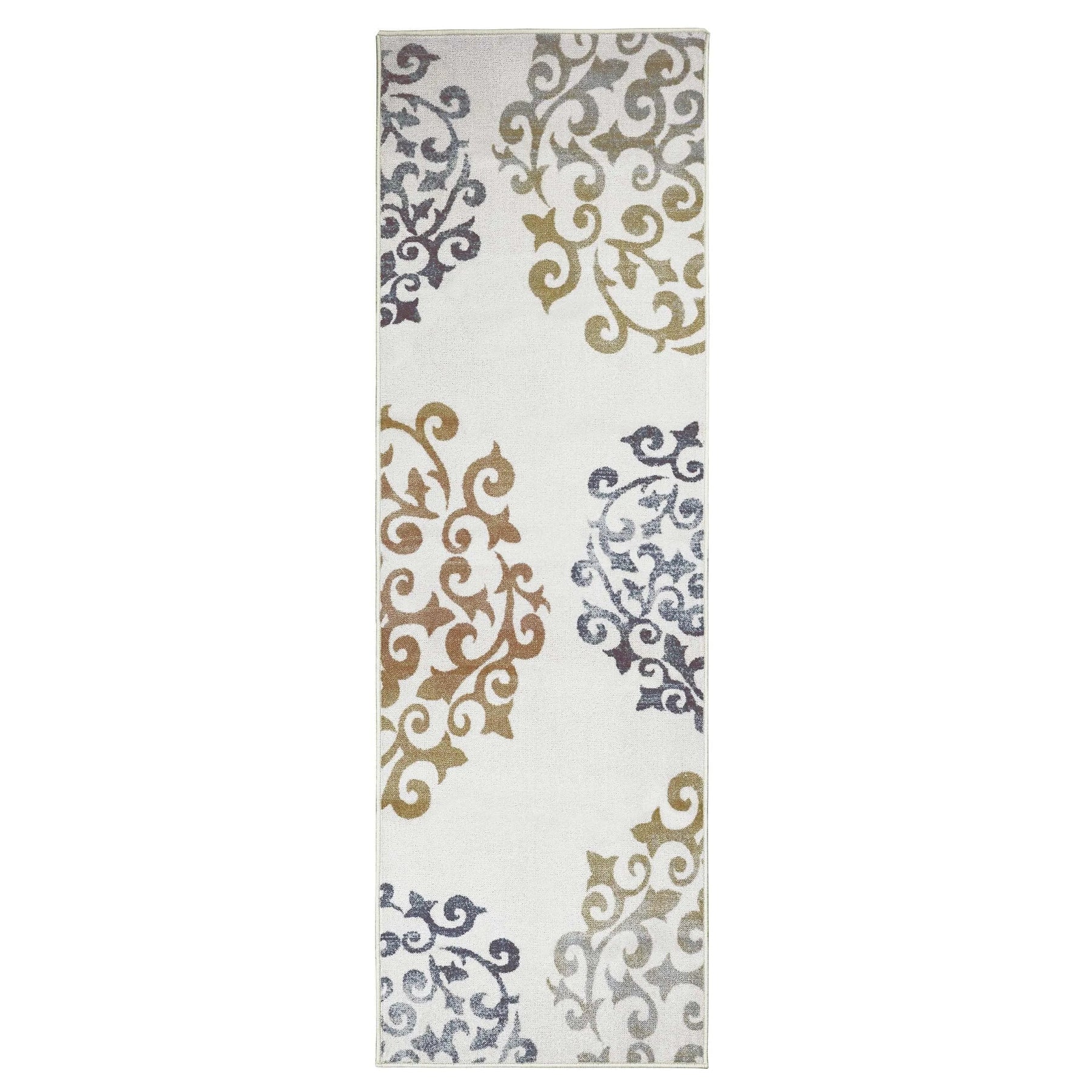Amber Floral Scroll Medallion Non-Slip Washable Indoor Area Rug or Runner
