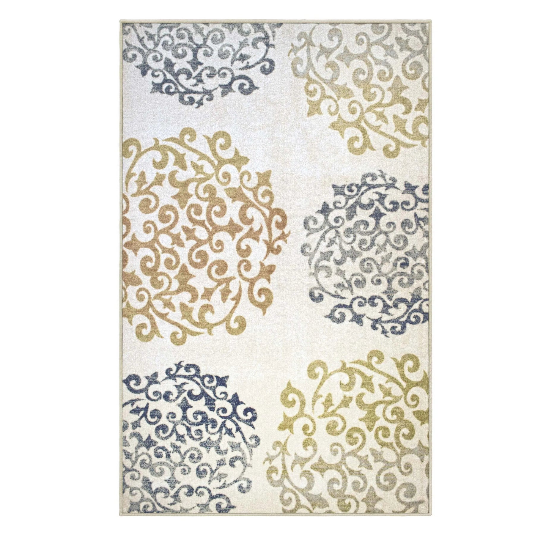 Amber Floral Scroll Medallion Non-Slip Washable Indoor Area Rug or Runner