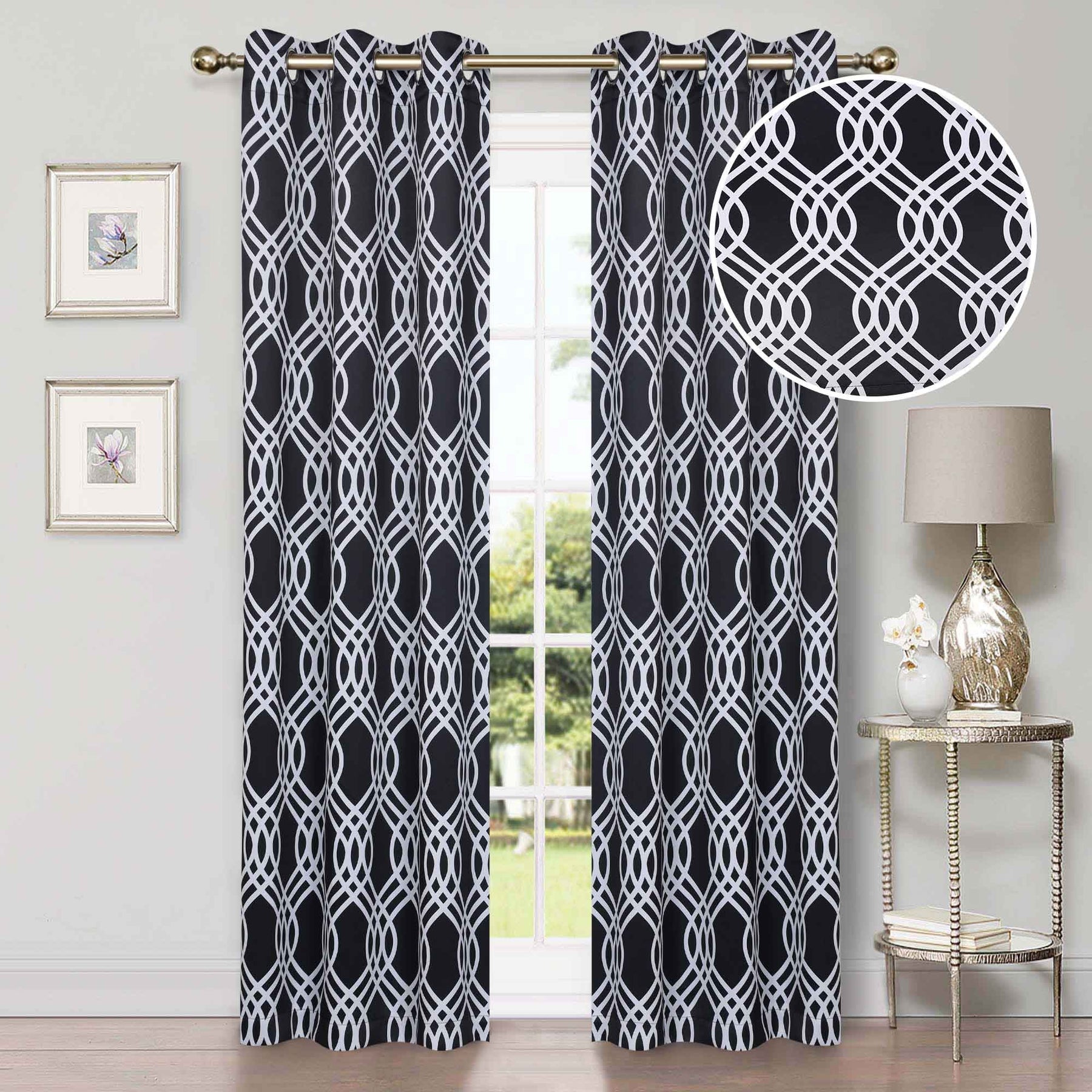 Ribbon Trellis Washable Room Darkening Blackout Curtains, Set of 2