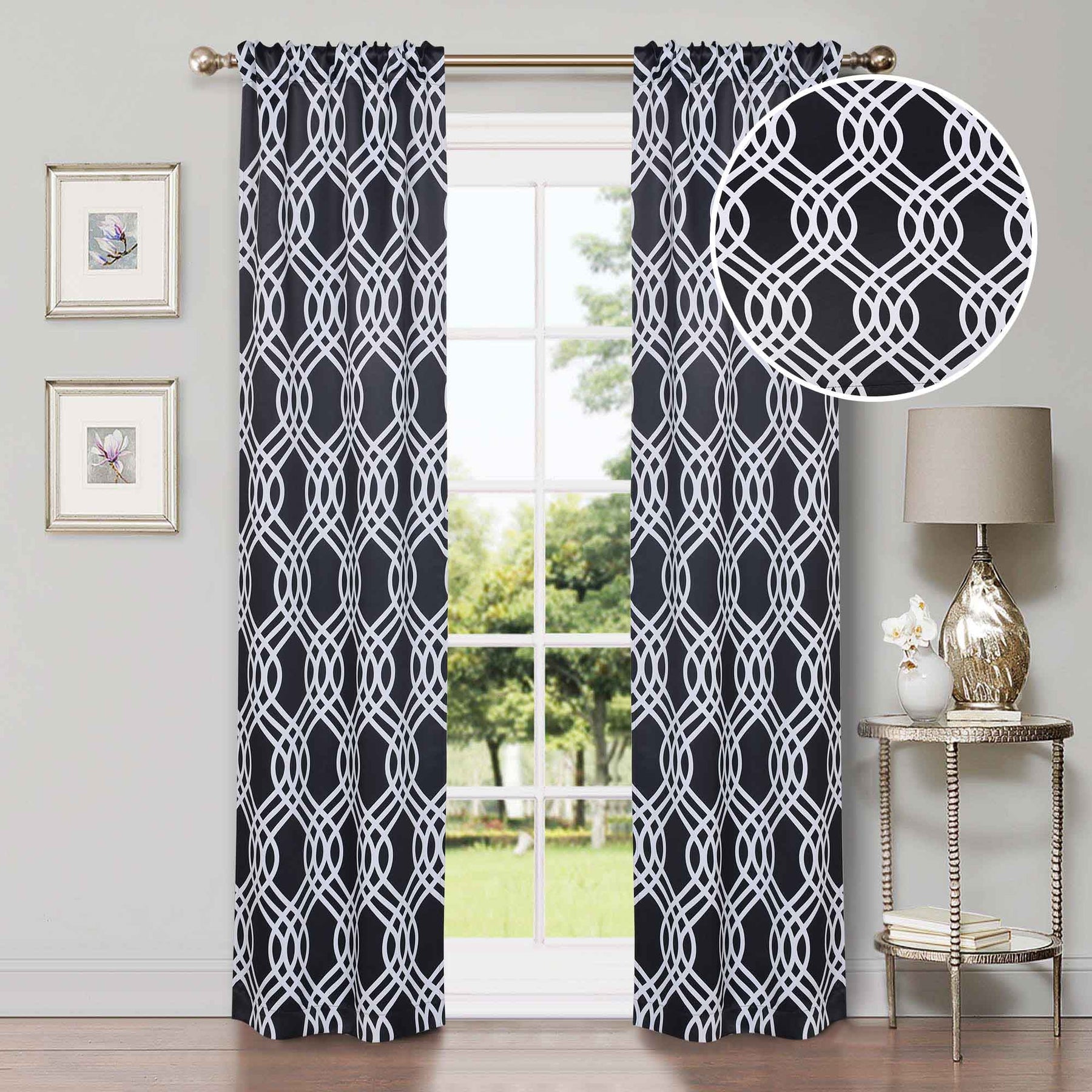 Ribbon Trellis Washable Room Darkening Blackout Curtains, Set of 2