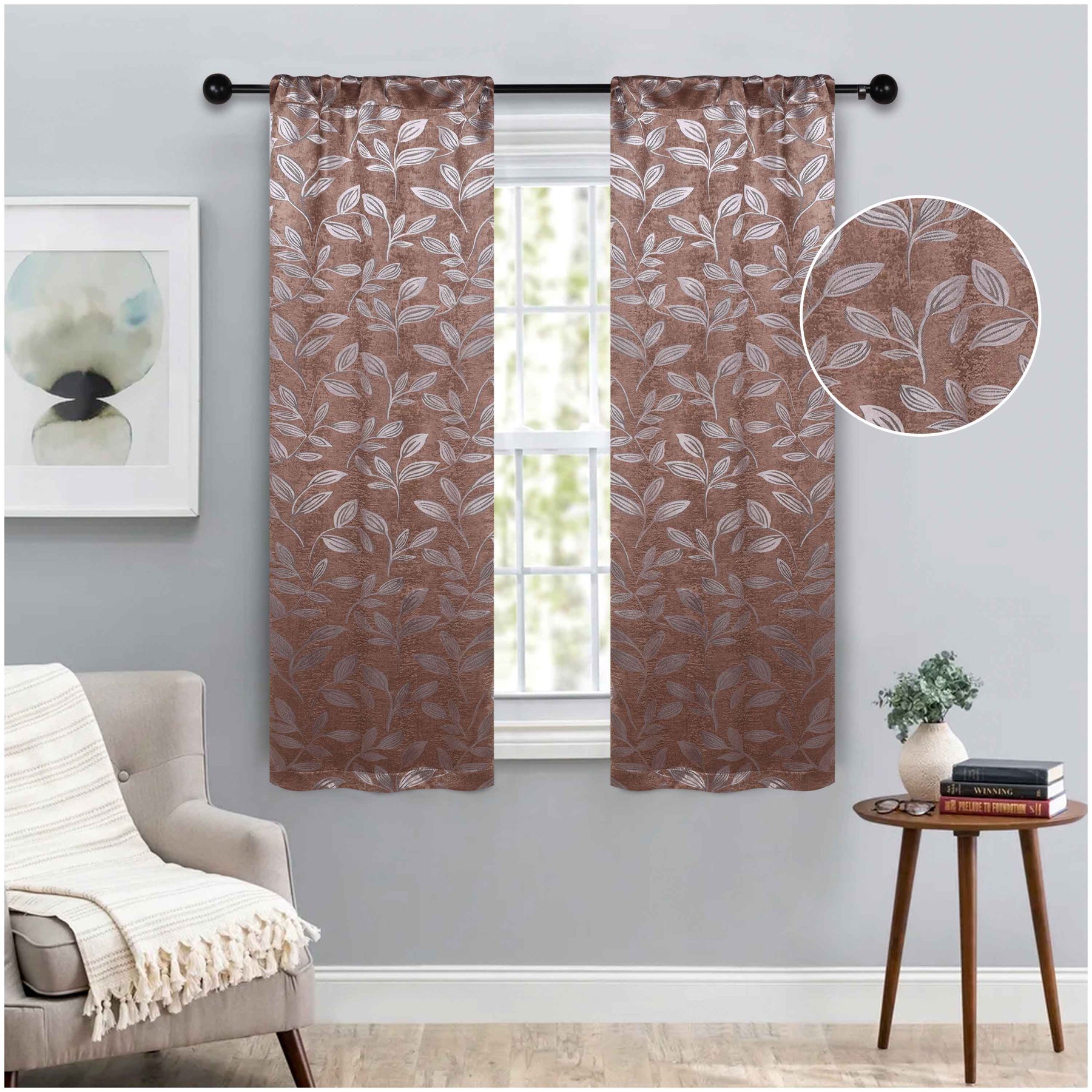 Leaves Room Darkening Washable Blackout Curtain Panels, Set of 2