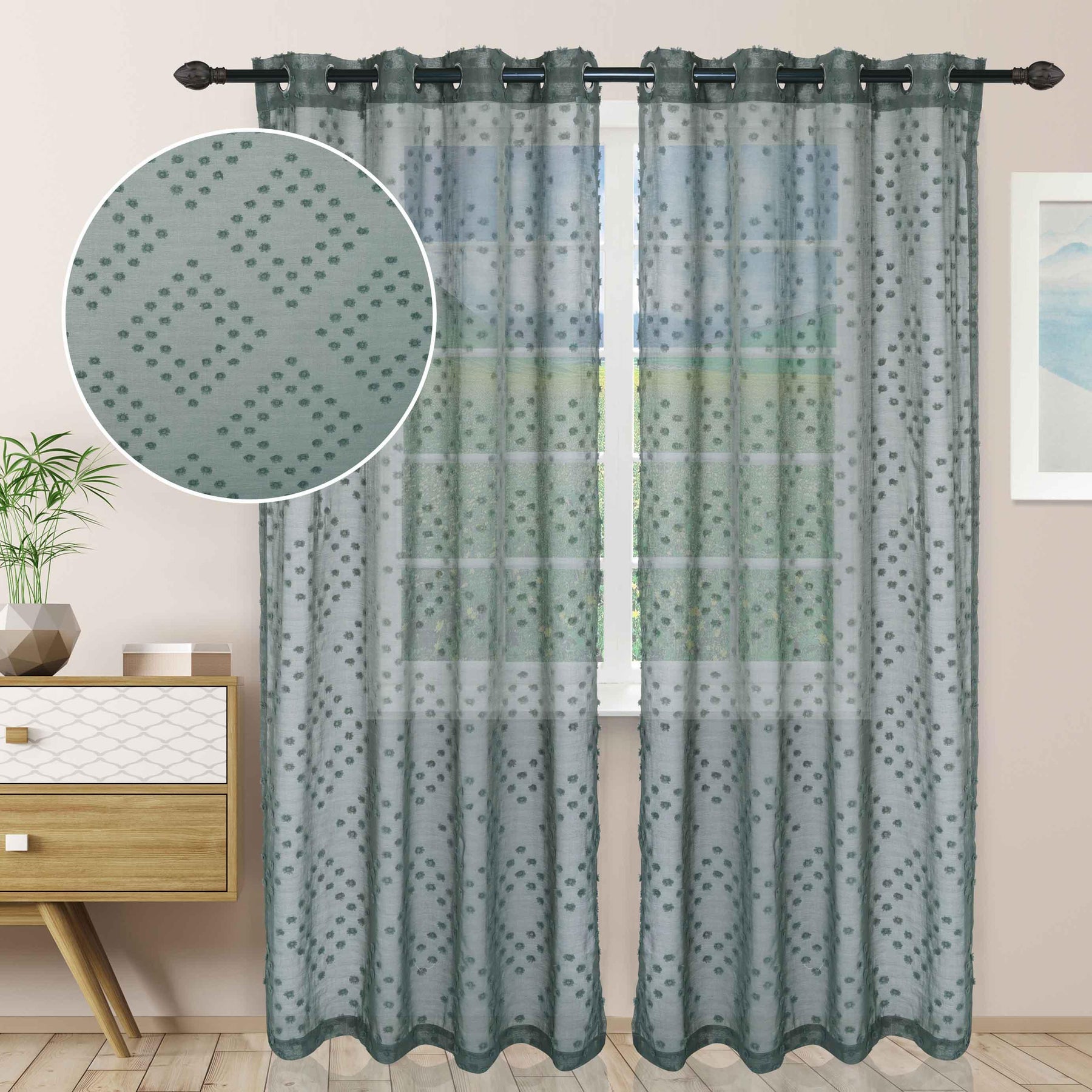 Sheer Poppy Floral Modern Textured Grommet Curtain Panels Set of 2