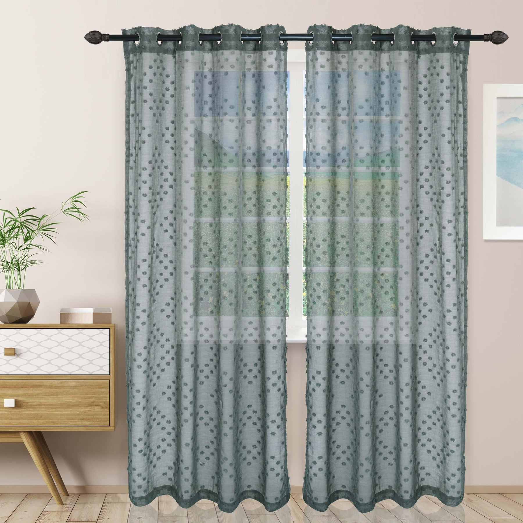 Sheer Poppy Floral Modern Textured Grommet Curtain Panels Set of 2