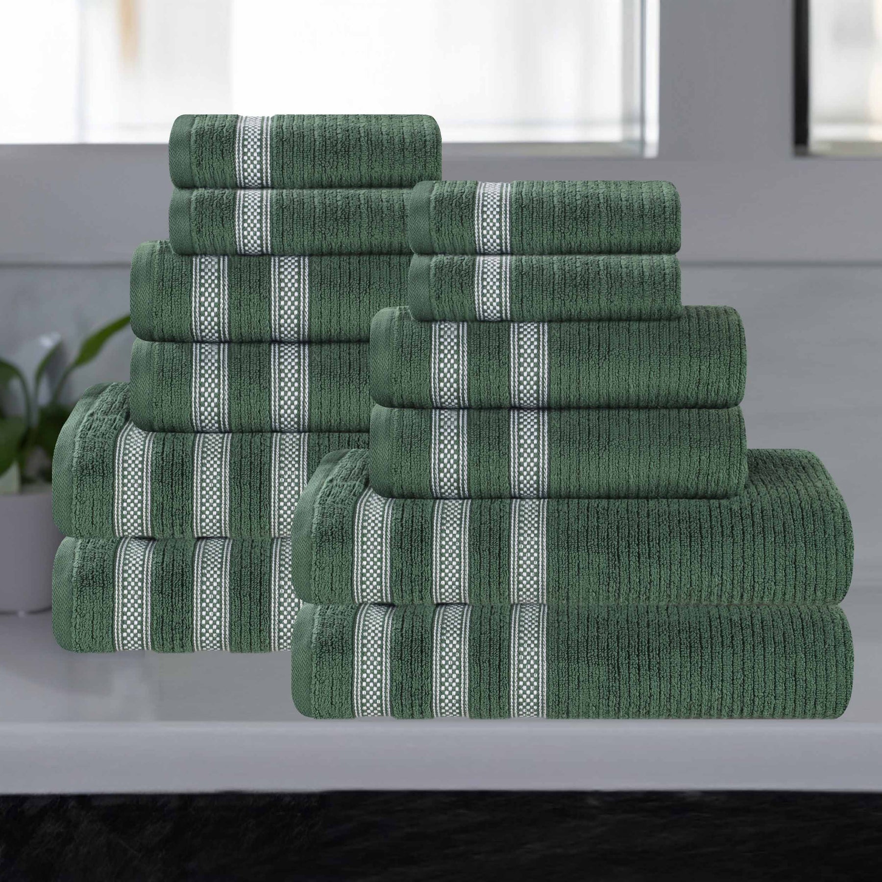 Brea Zero Twist Cotton Ribbed Geometric Border 12 Piece Towel Set