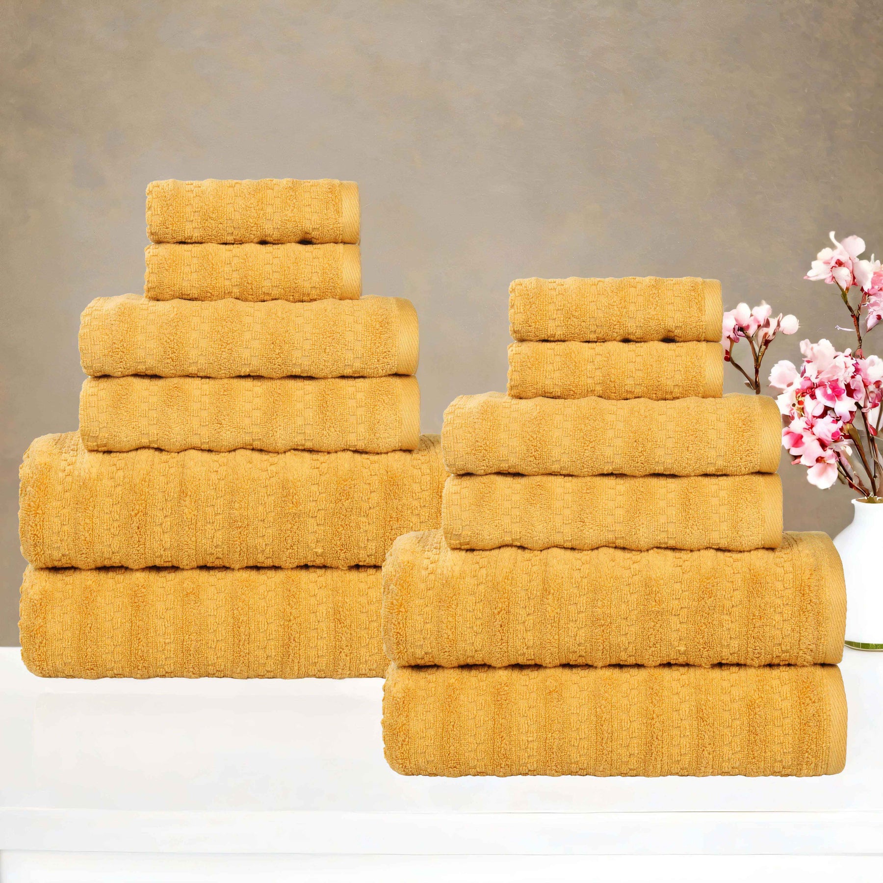 Zuma Zero Twist Cotton Medium Weight Waffle Stripes 12 Piece Towel Set