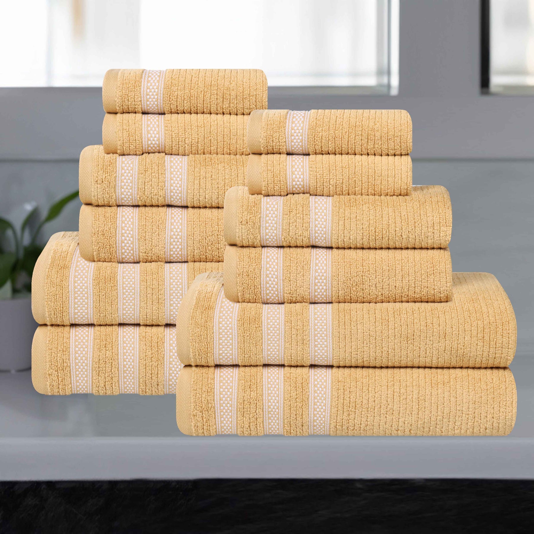 Brea Zero Twist Cotton Ribbed Geometric Border 12 Piece Towel Set