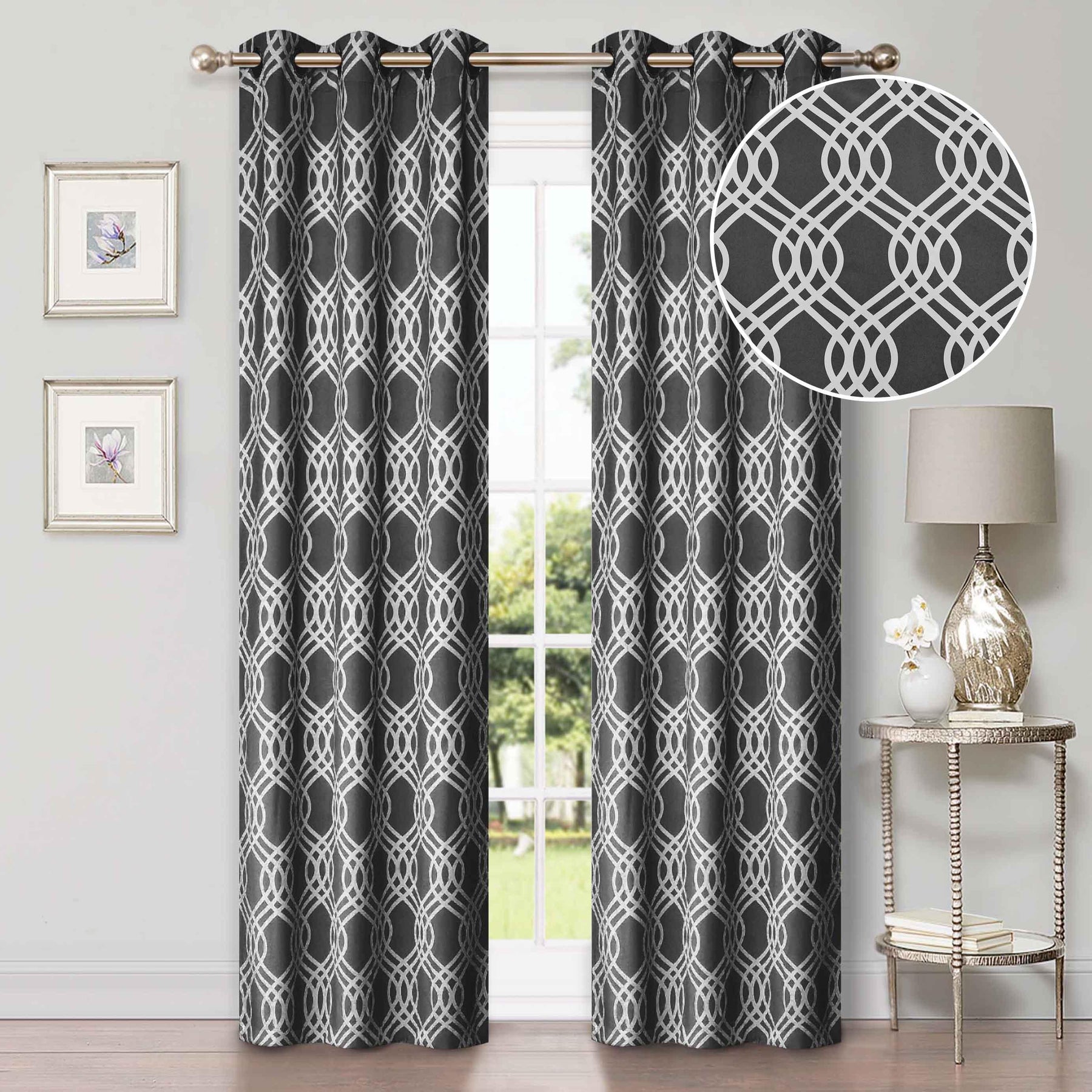 Ribbon Trellis Washable Room Darkening Blackout Curtains, Set of 2