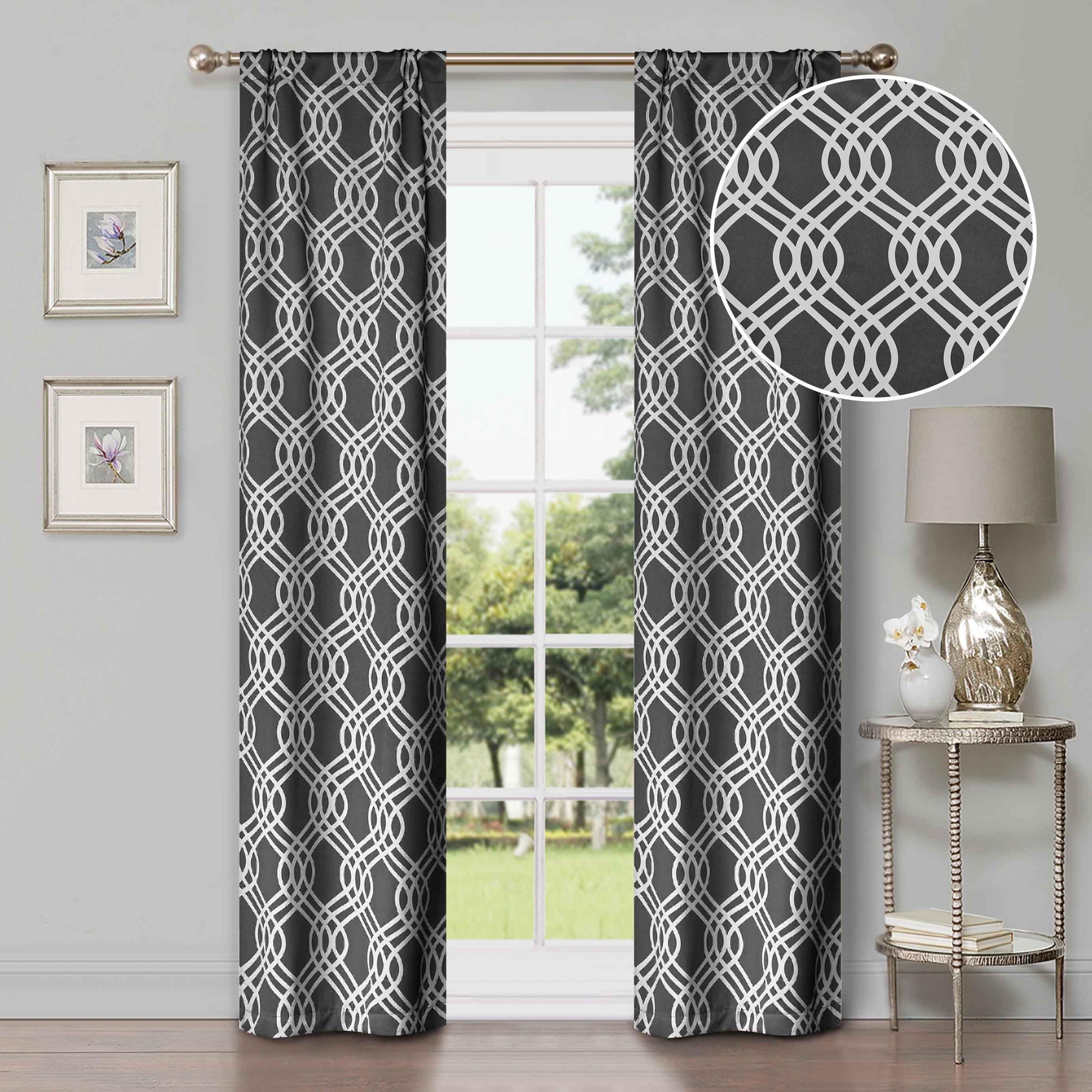 Ribbon Trellis Washable Room Darkening Blackout Curtains, Set of 2