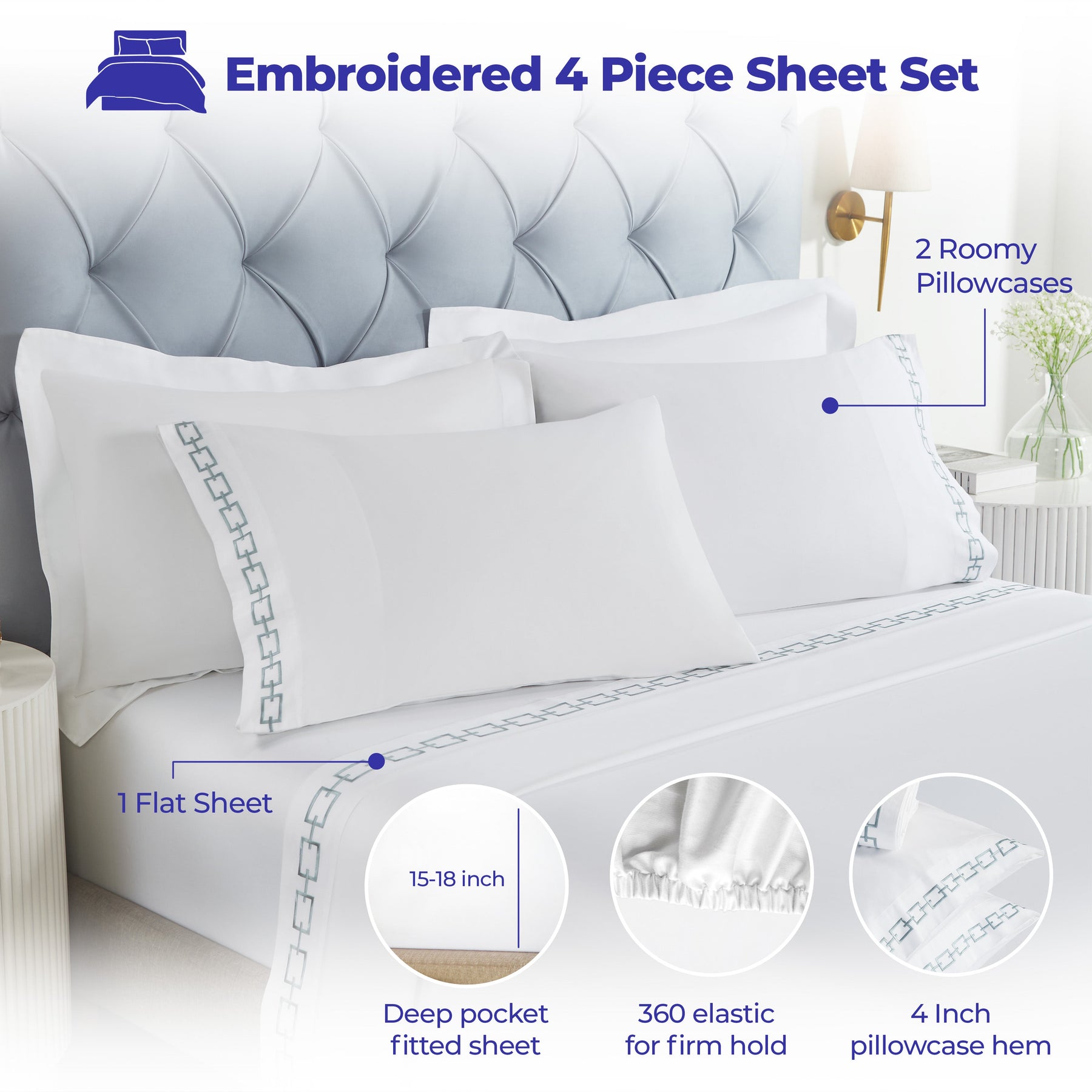 Chain Links Cotton Embroidered Deep Pocket Bed Sheet Set