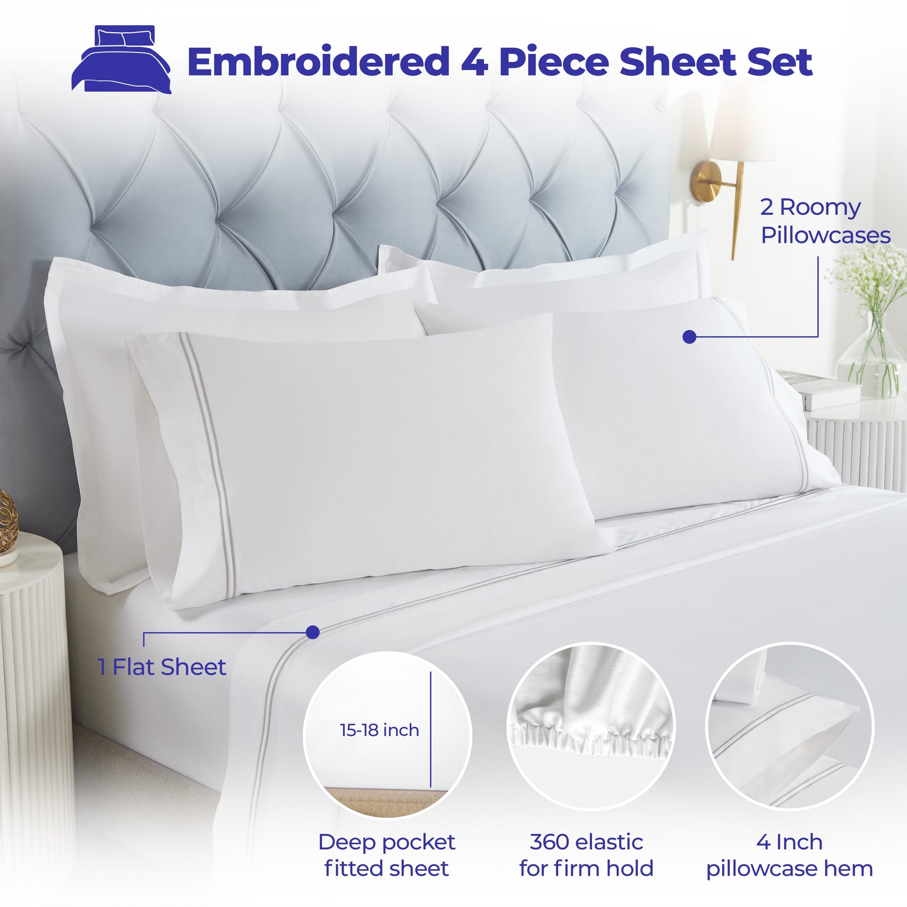 Fieldstone Cotton Two-Line Embroidered Deep Pocket Bed Sheet Set