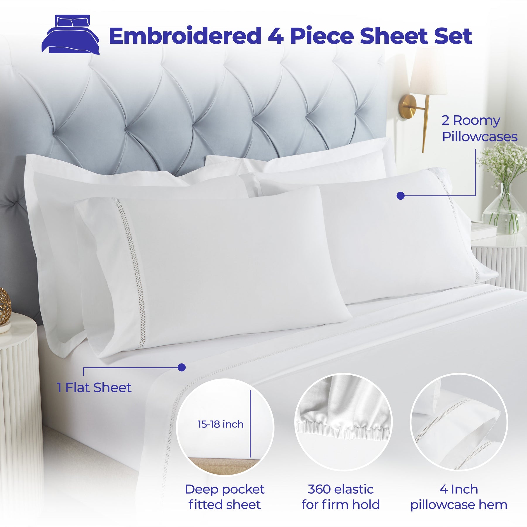 Riverton Cotton Cross-Stitch Embroidered Deep Pocket Bed Sheet Set