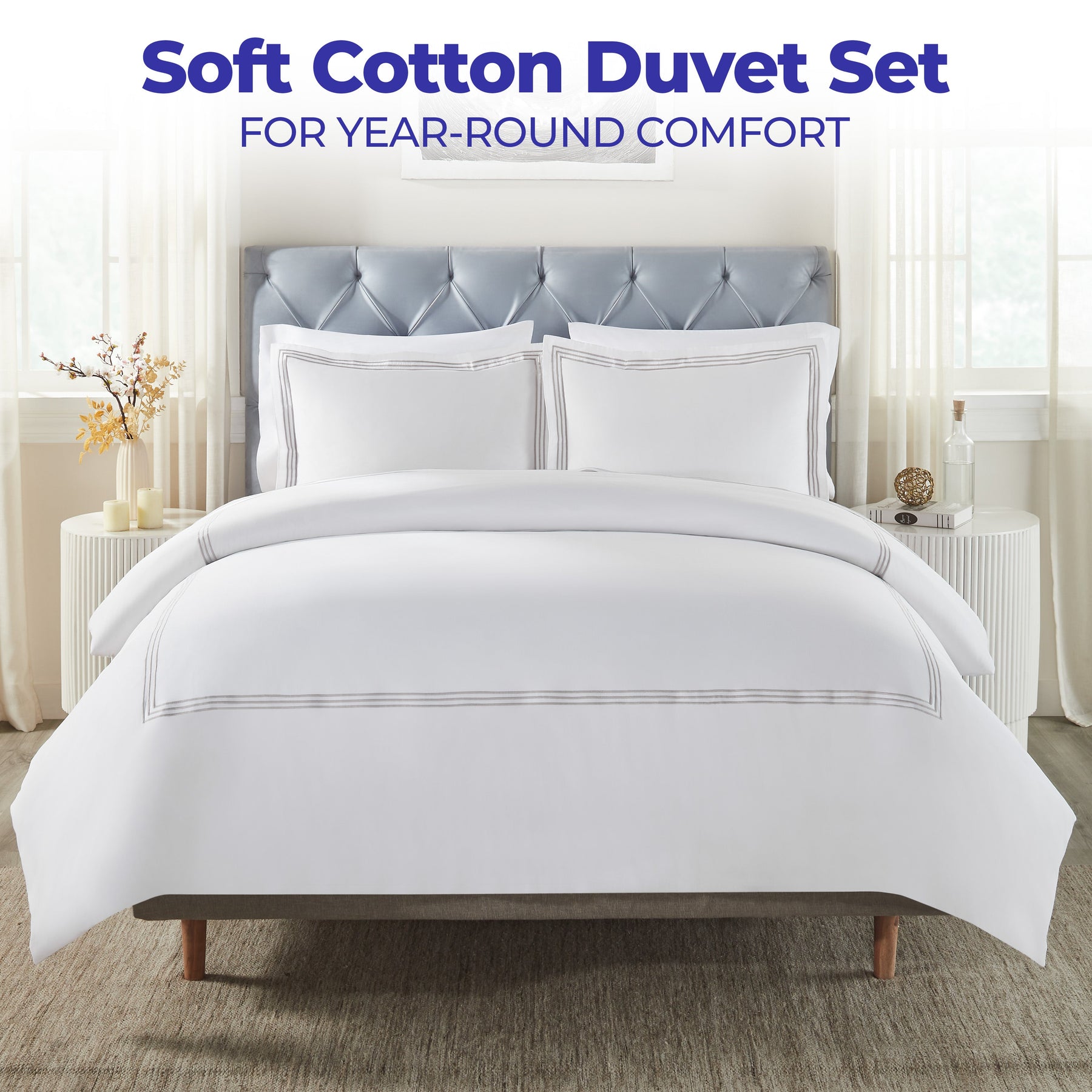 Brandon Cotton Three-Line Embroidered 3 Piece Duvet Cover Set