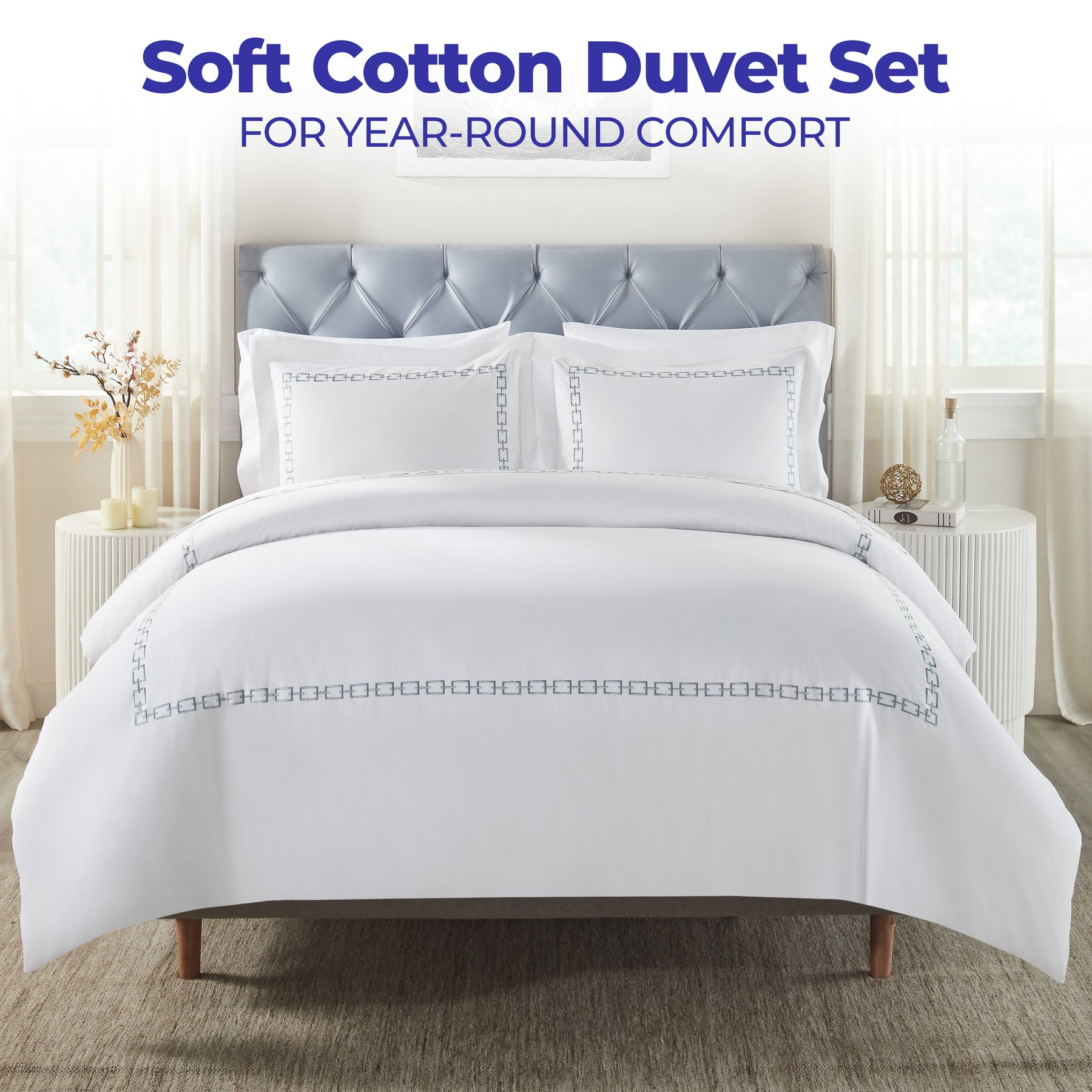 Chain Links Cotton Embroidered 3 Piece Duvet Cover Set