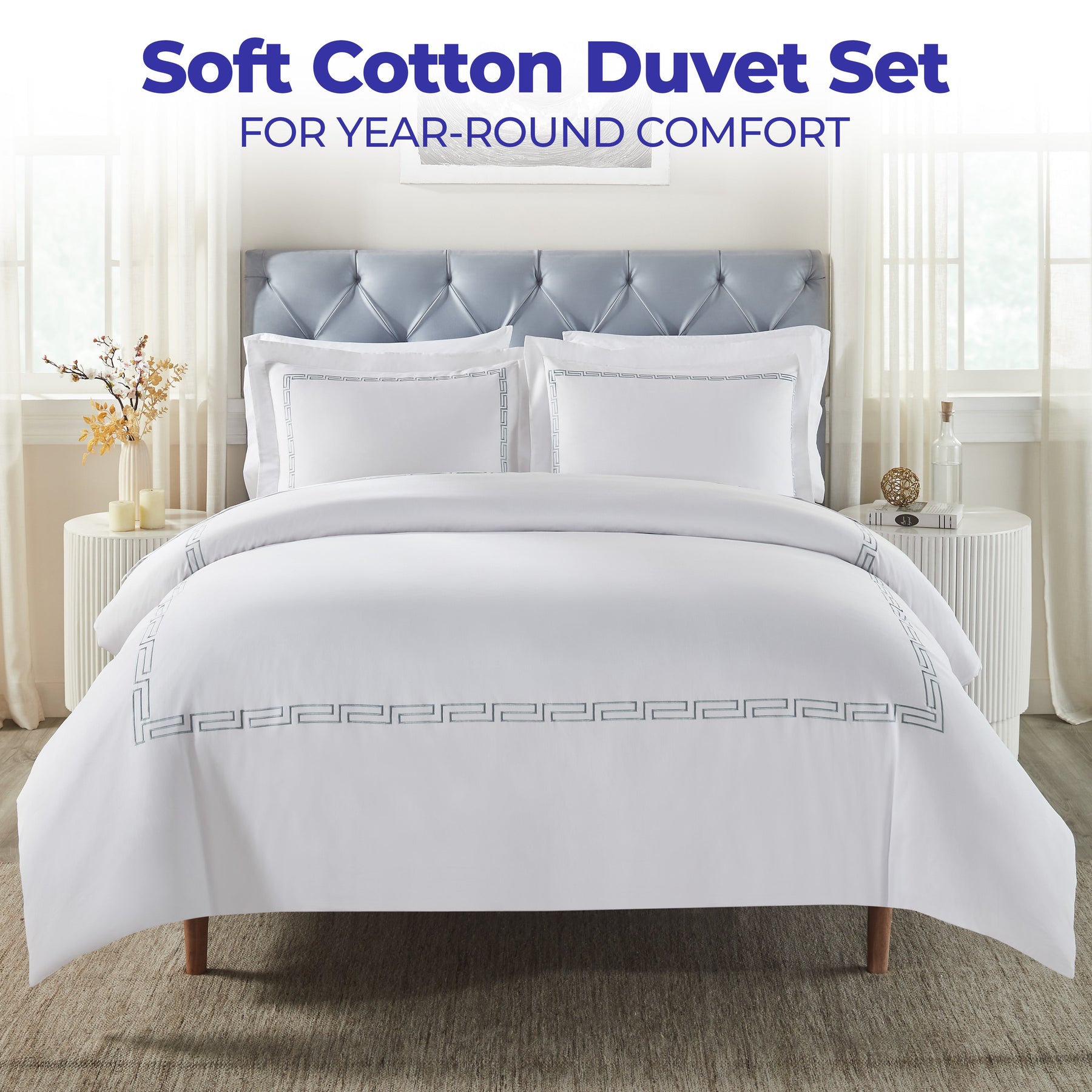 Harrison Cotton Greek Key Embroidered 3 Piece Duvet Cover Set