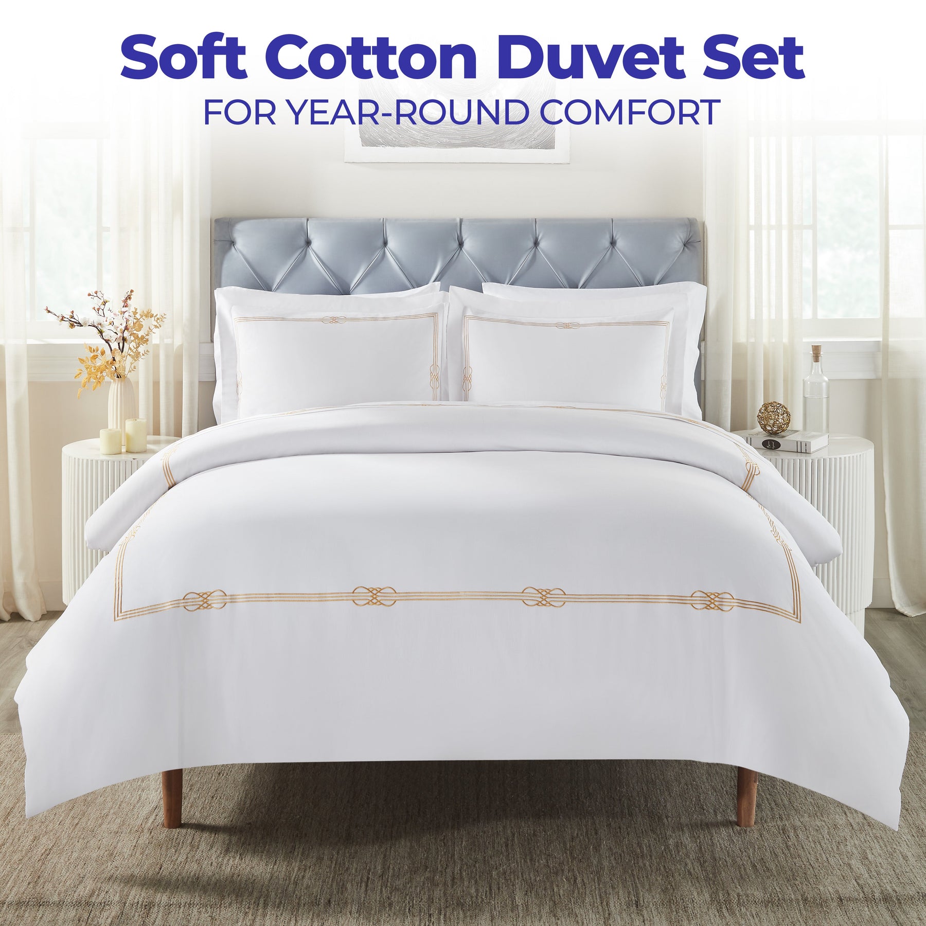 Moonlawn Cotton Gold Embroidered 3 Piece Duvet Cover Set