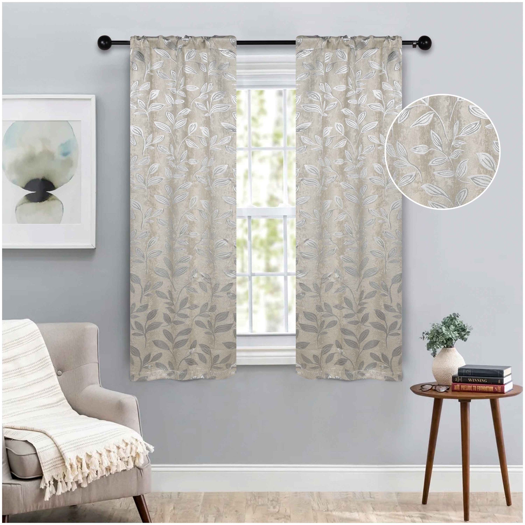 Leaves Room Darkening Washable Blackout Curtain Panels, Set of 2