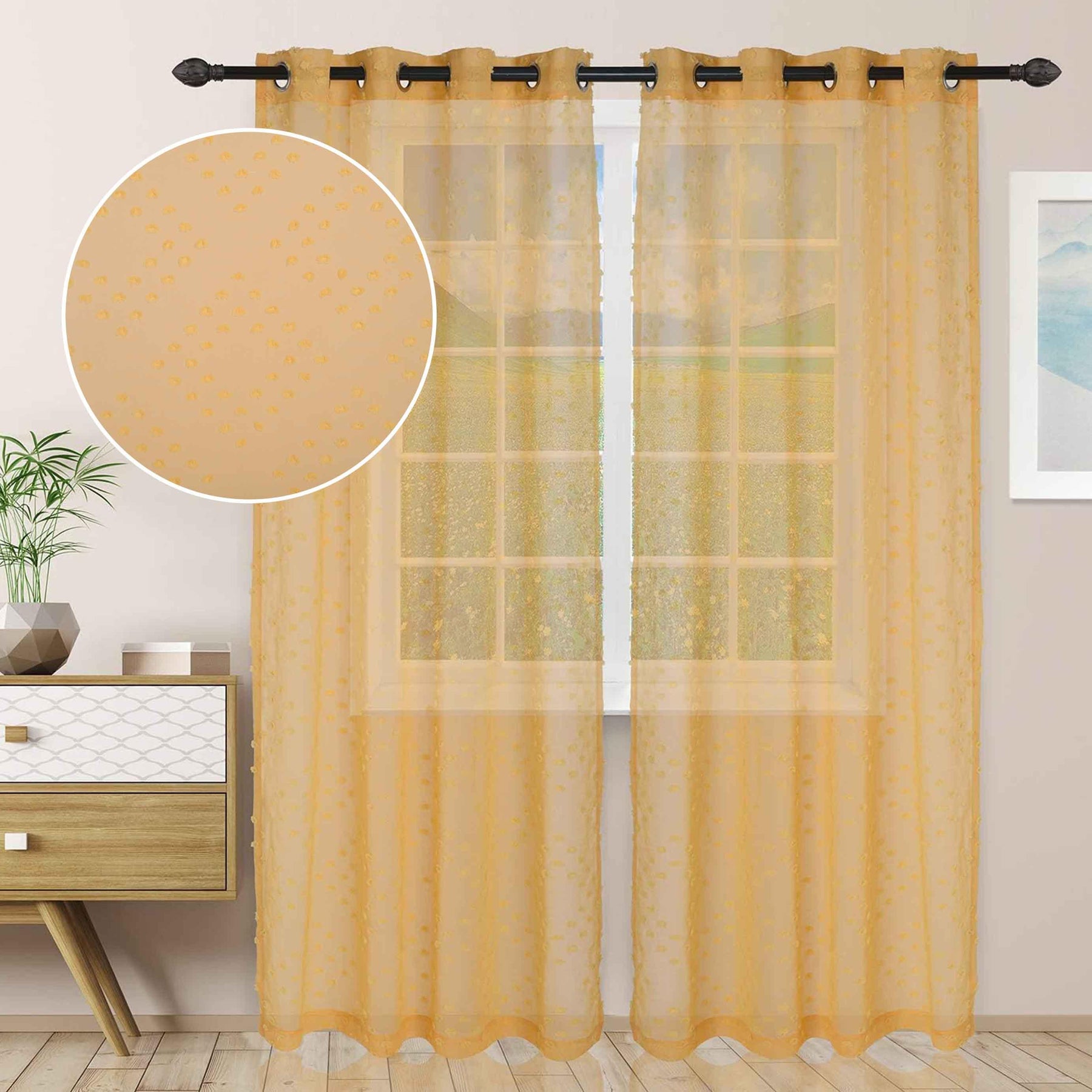 Sheer Poppy Floral Modern Textured Grommet Curtain Panels Set of 2