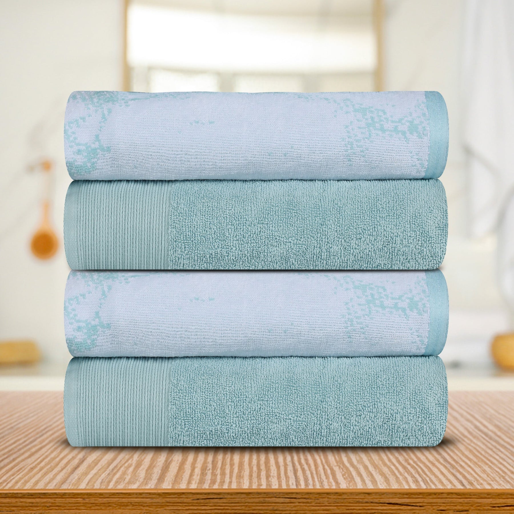 Cotton Marble Solid Jacquard Border Bath Towels Set of 4