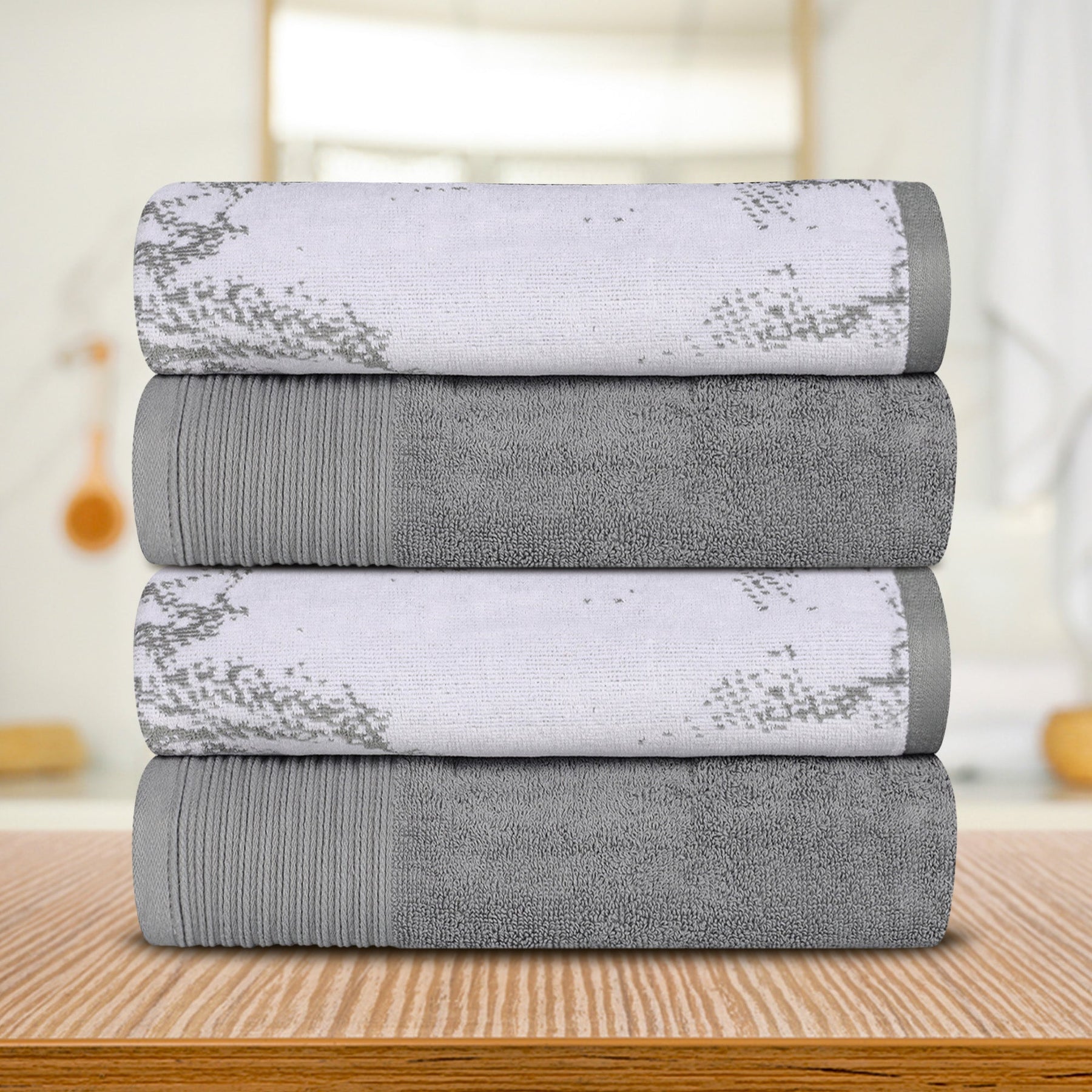 Cotton Marble Solid Jacquard Border Bath Towels Set of 4