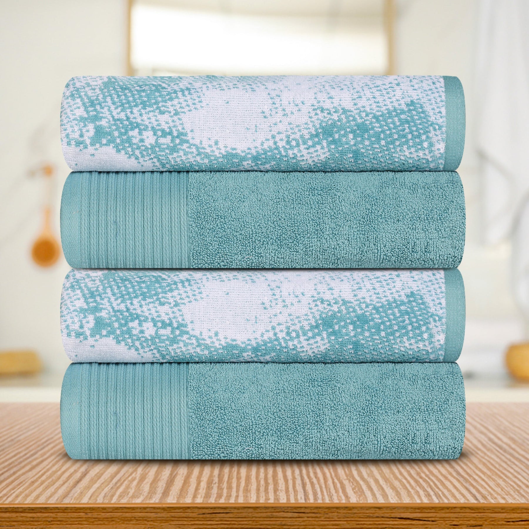Cotton Marble Solid Jacquard Border Bath Towels Set of 4