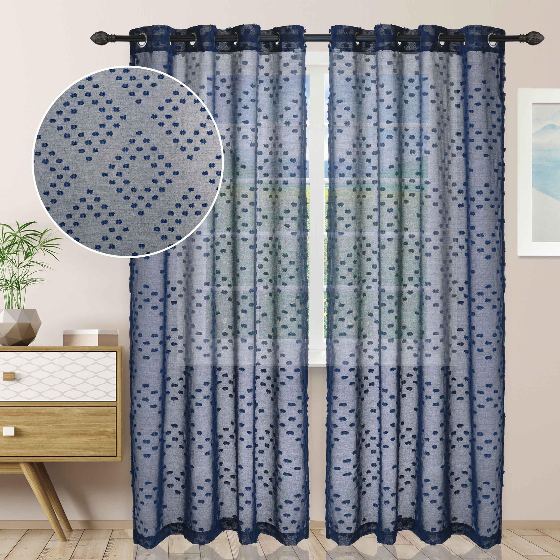 Sheer Poppy Floral Modern Textured Grommet Curtain Panels Set of 2