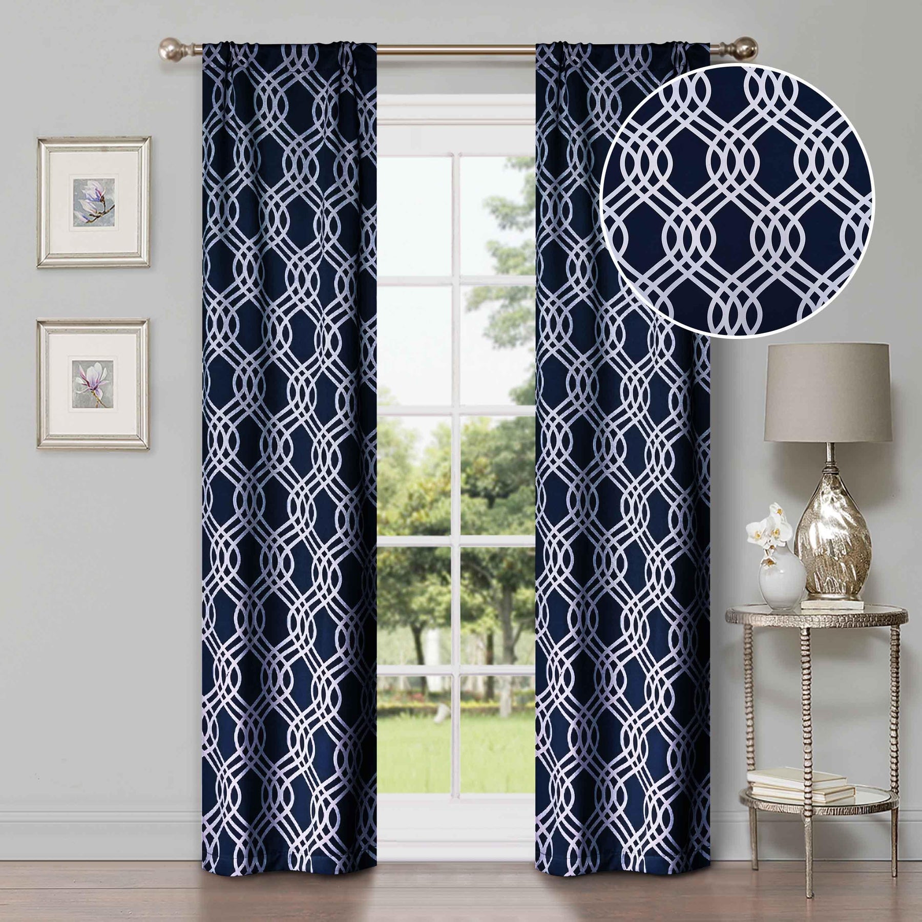 Ribbon Trellis Washable Room Darkening Blackout Curtains, Set of 2