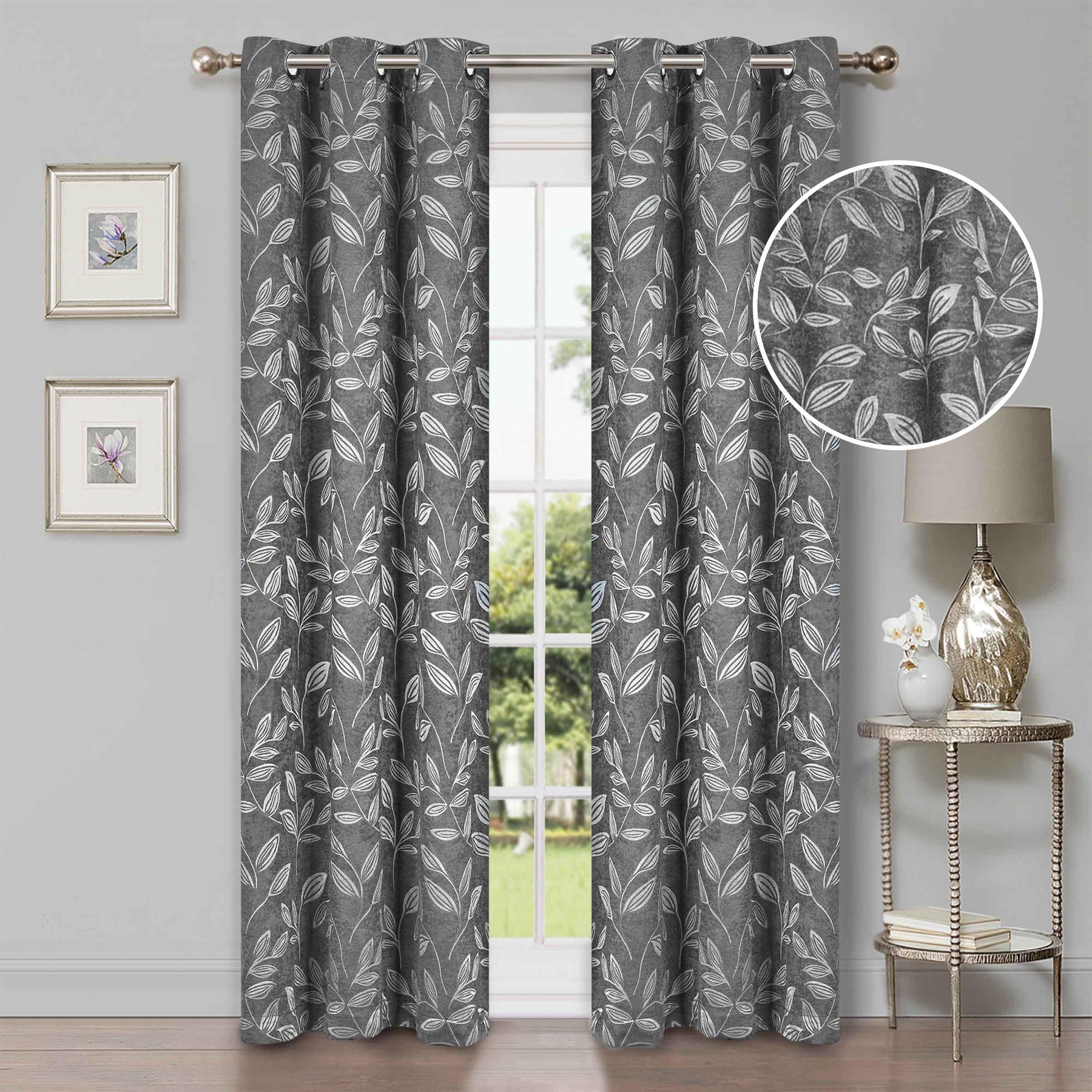 Leaves Machine Washable Room Darkening Blackout Curtains, Set of 2