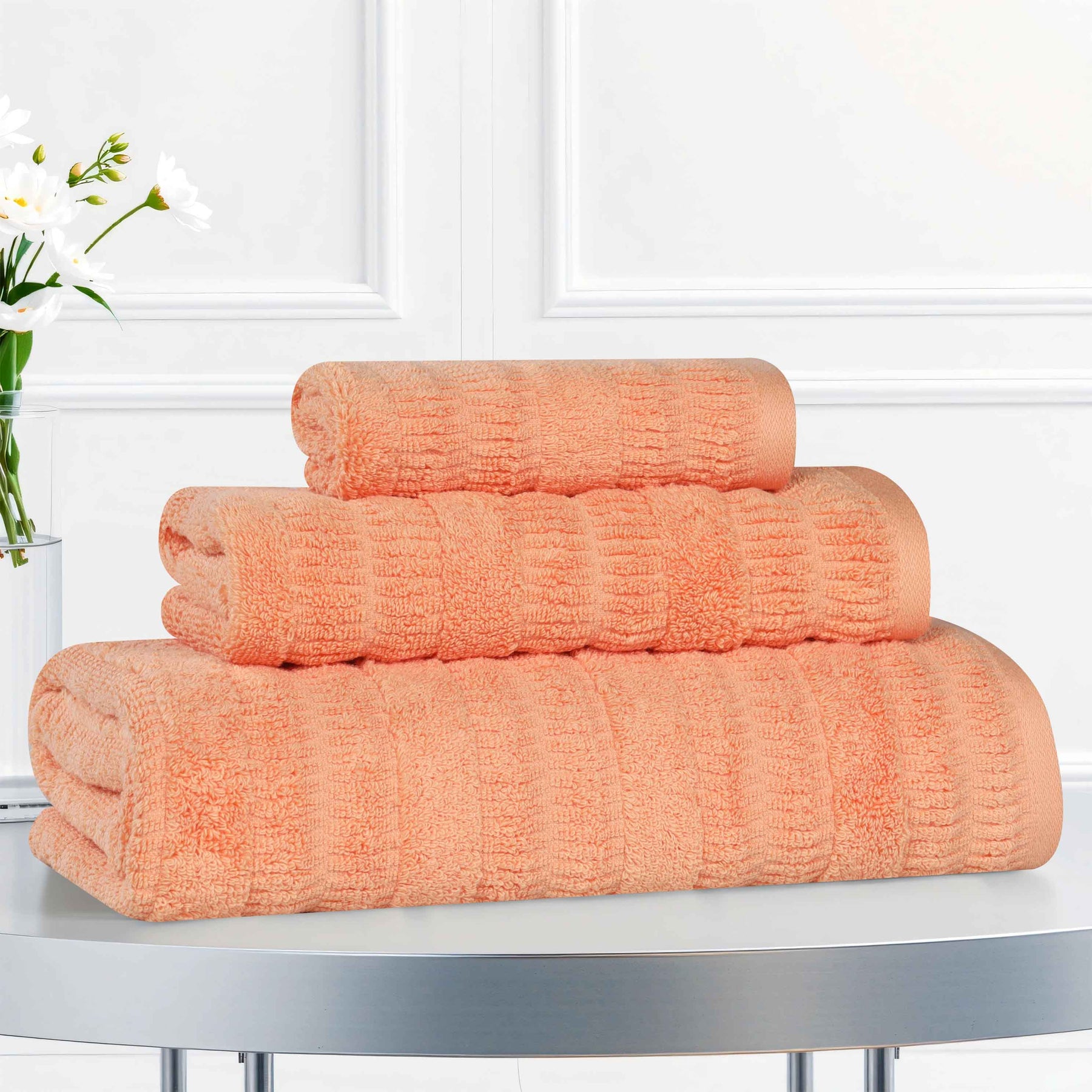 Mika Smart Twist Cotton Solid Textured Ribbed 3 Piece Towel Set
