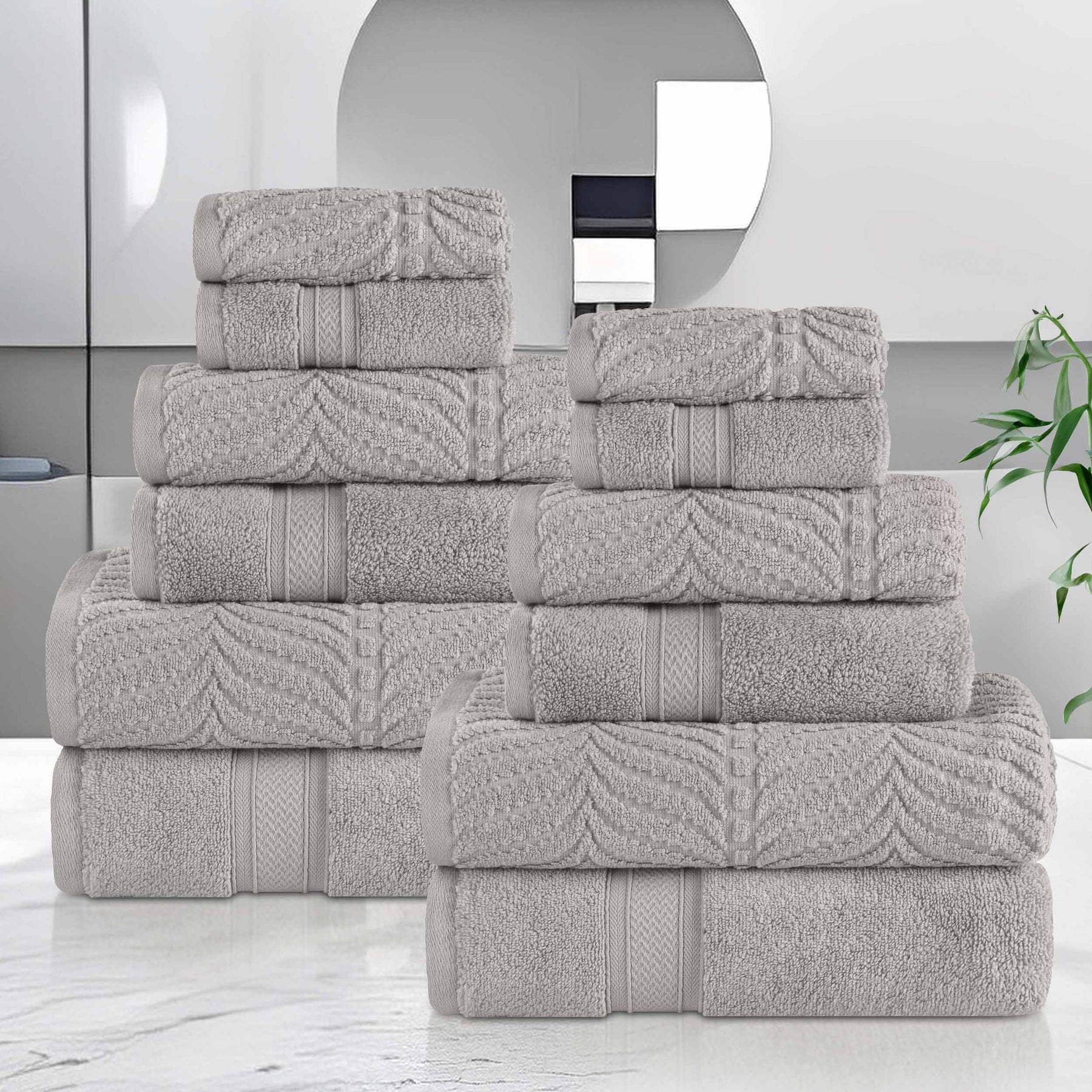 Chevron Zero Twist Solid and Jacquard Soft Cotton 12 Piece Towel Set