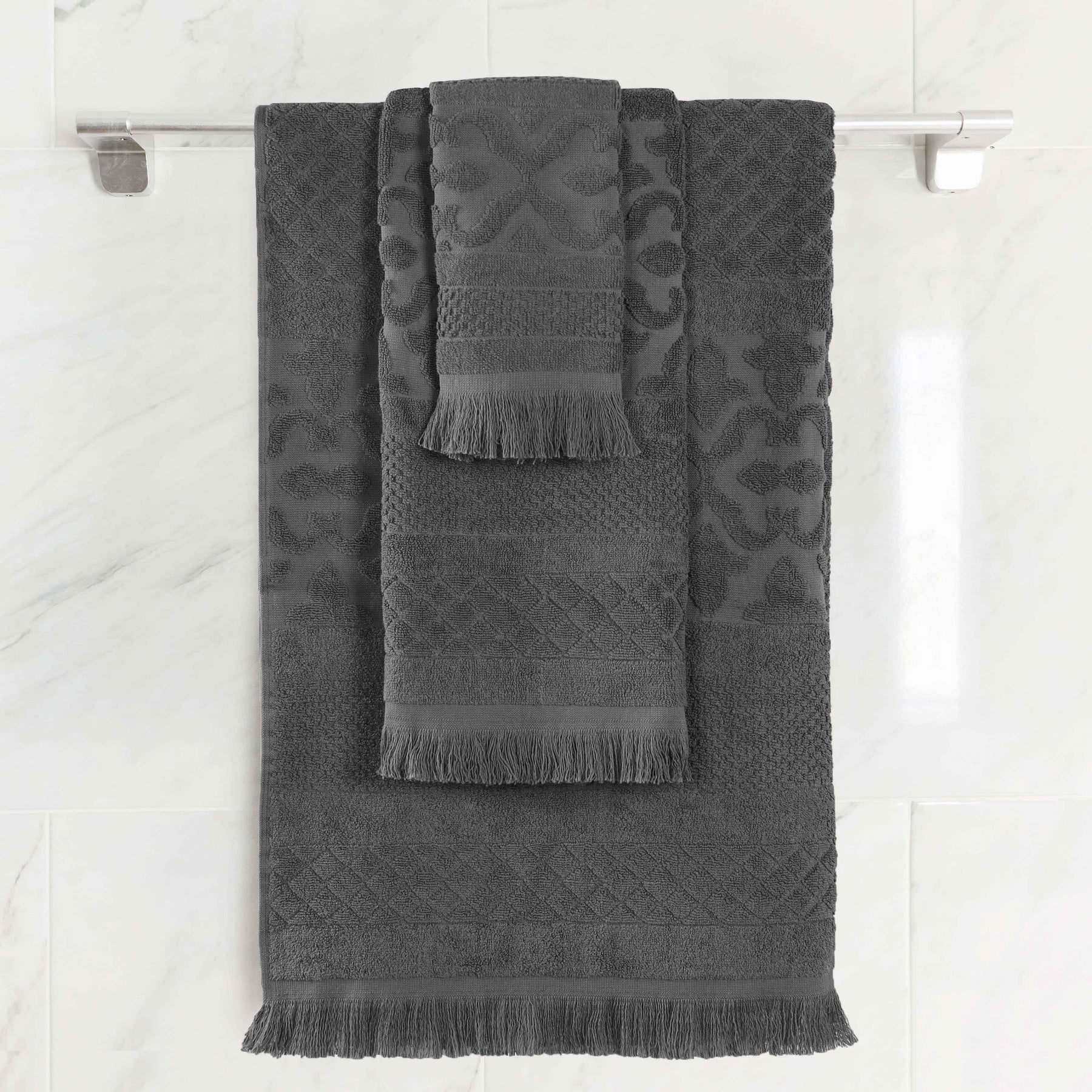 Rolla Cotton Geometric Jacquard Plush Soft Absorbent 3 Piece Towel Set