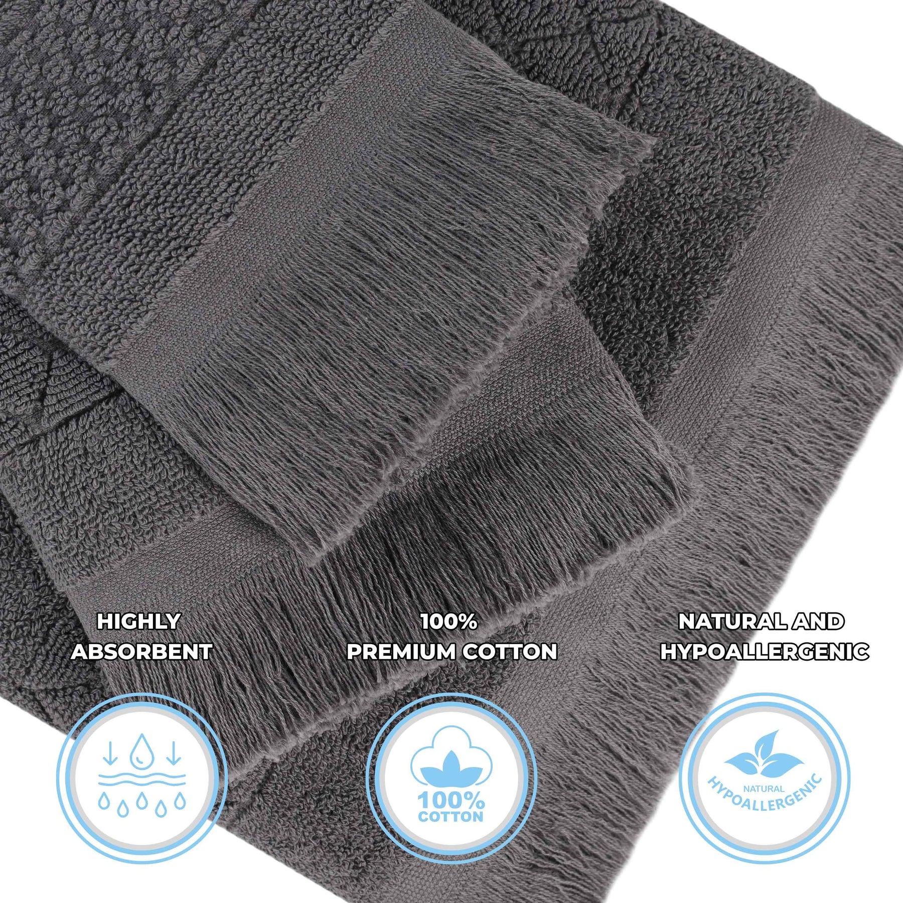 Rolla Cotton Geometric Jacquard Plush Soft Absorbent 3 Piece Towel Set