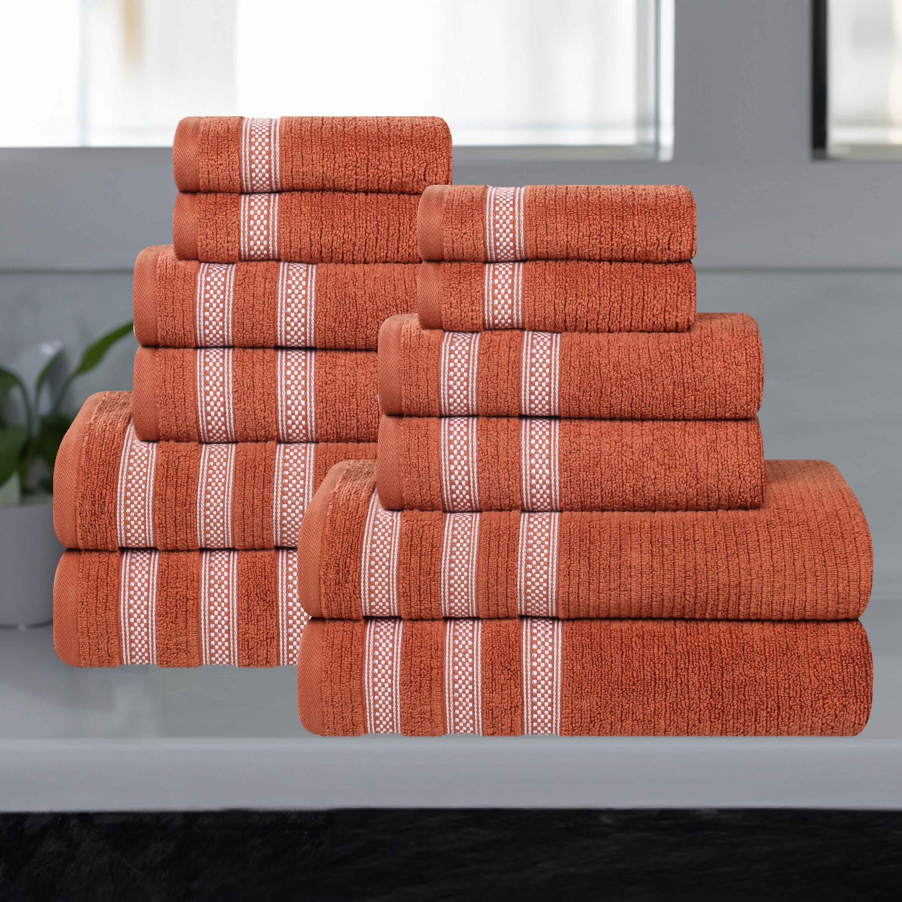 Brea Zero Twist Cotton Ribbed Geometric Border 12 Piece Towel Set