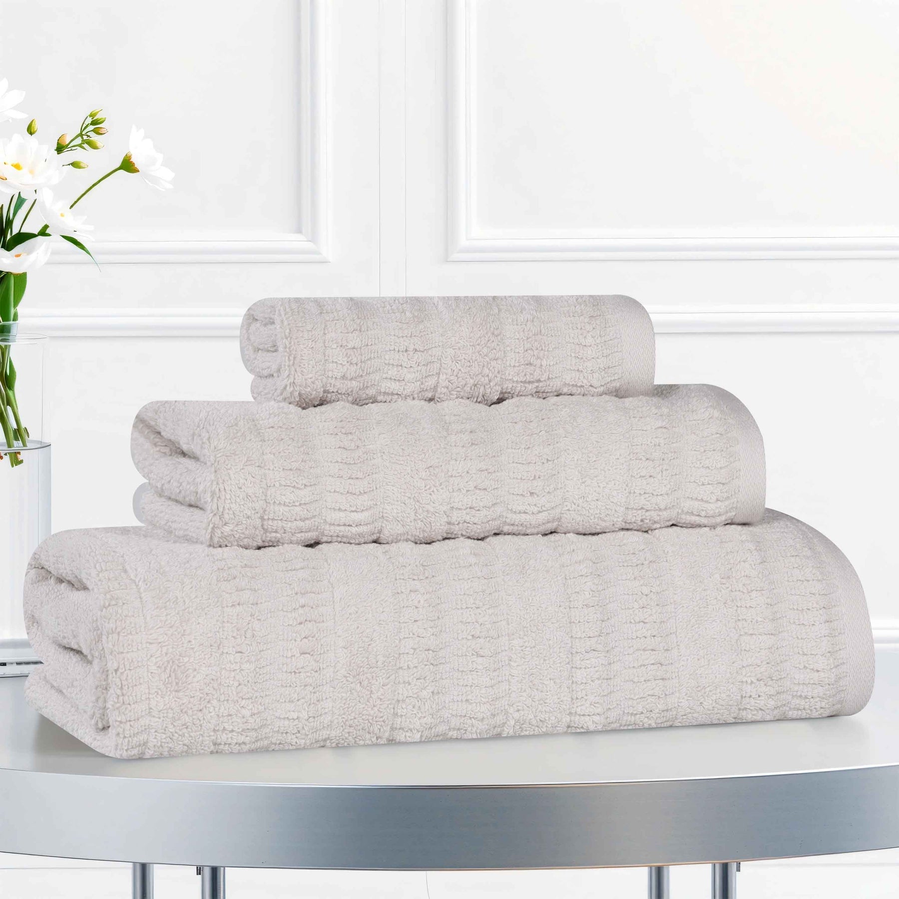 Mika Smart Twist Cotton Solid Textured Ribbed 3 Piece Towel Set
