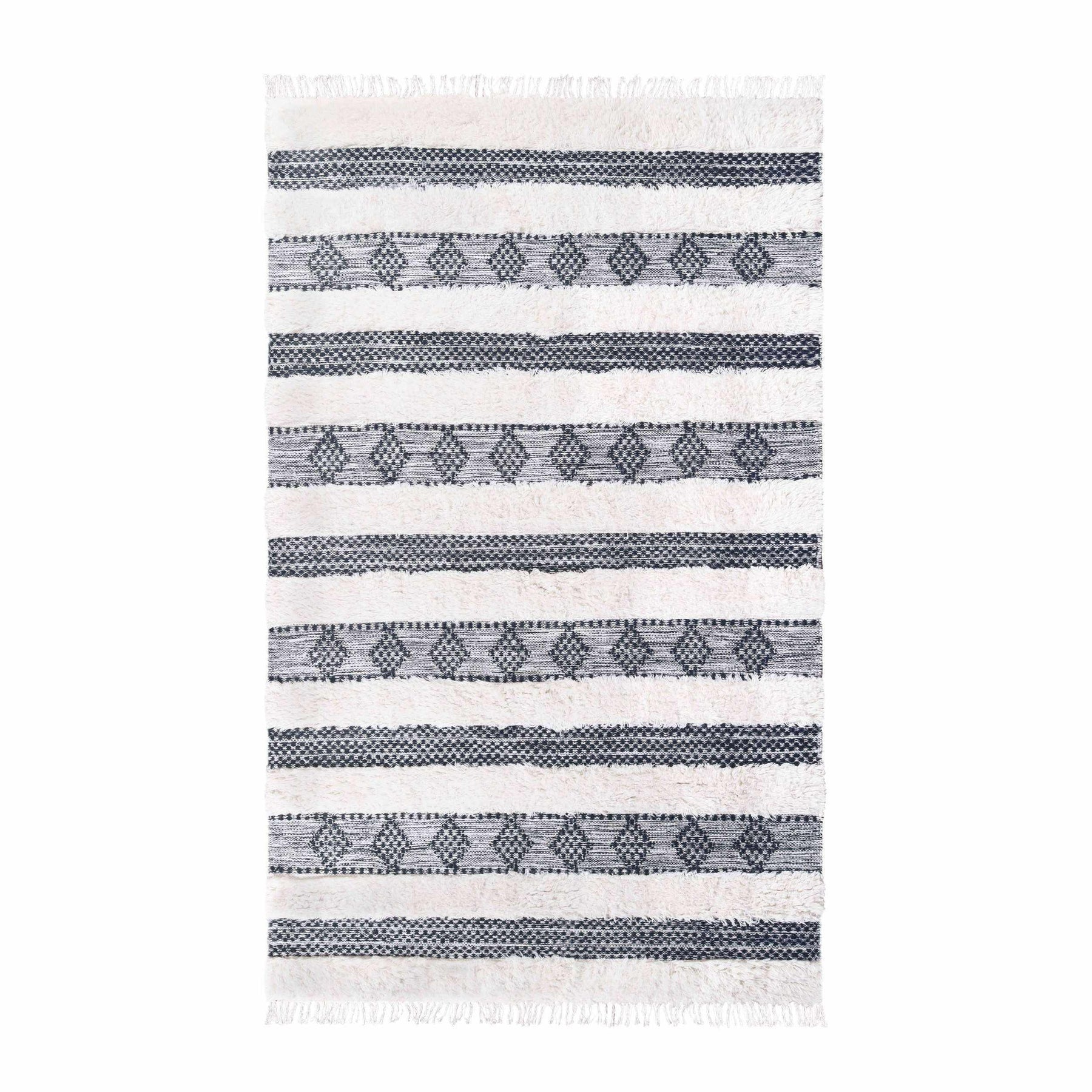 Farmhouse Wool Geometric Stripe Fringe Indoor Area or Runner Rug