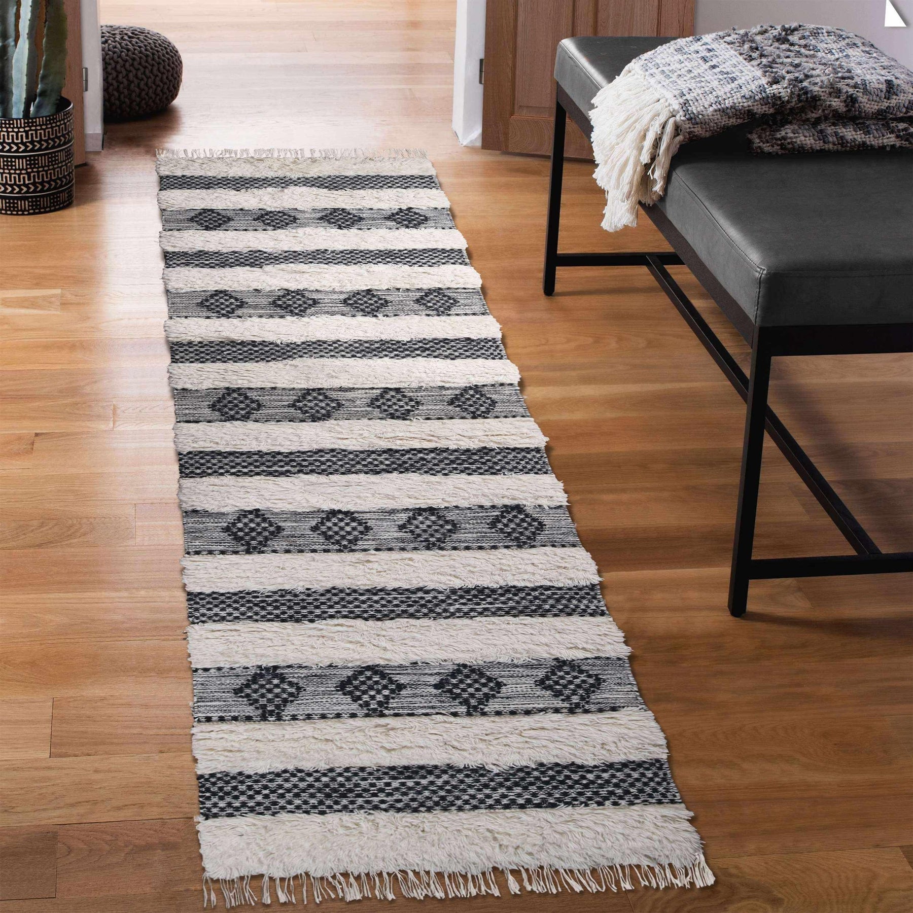 Farmhouse Wool Geometric Stripe Fringe Indoor Area or Runner Rug