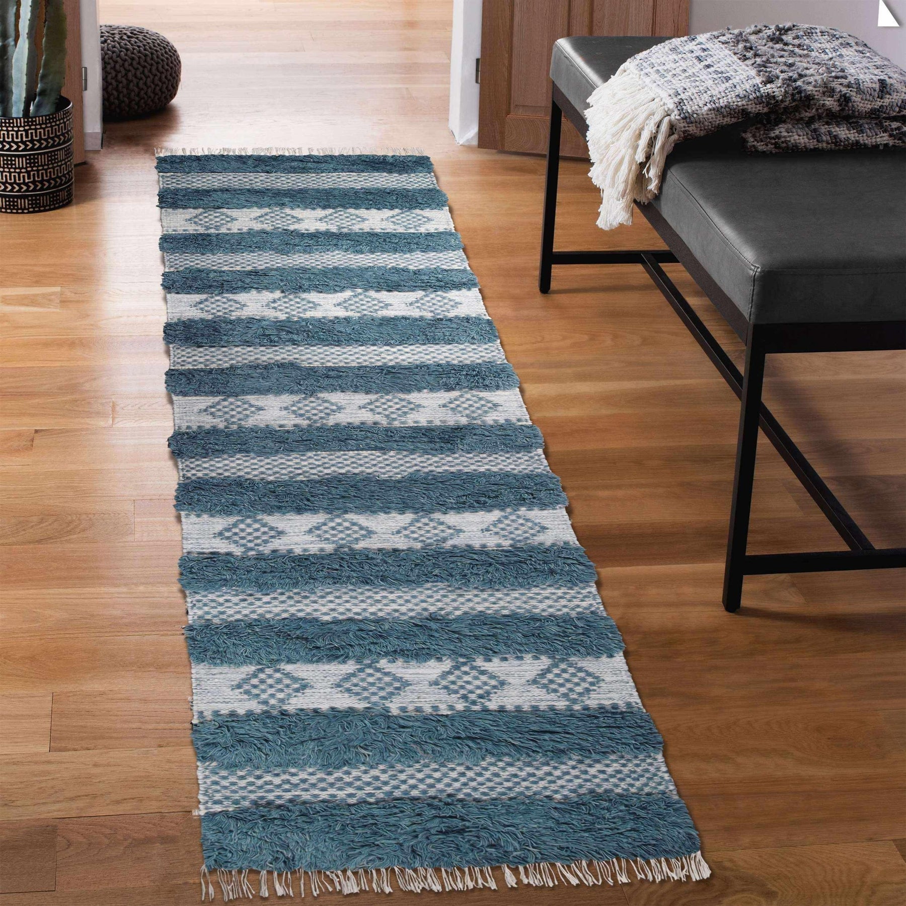 Farmhouse Wool Geometric Stripe Fringe Indoor Area or Runner Rug