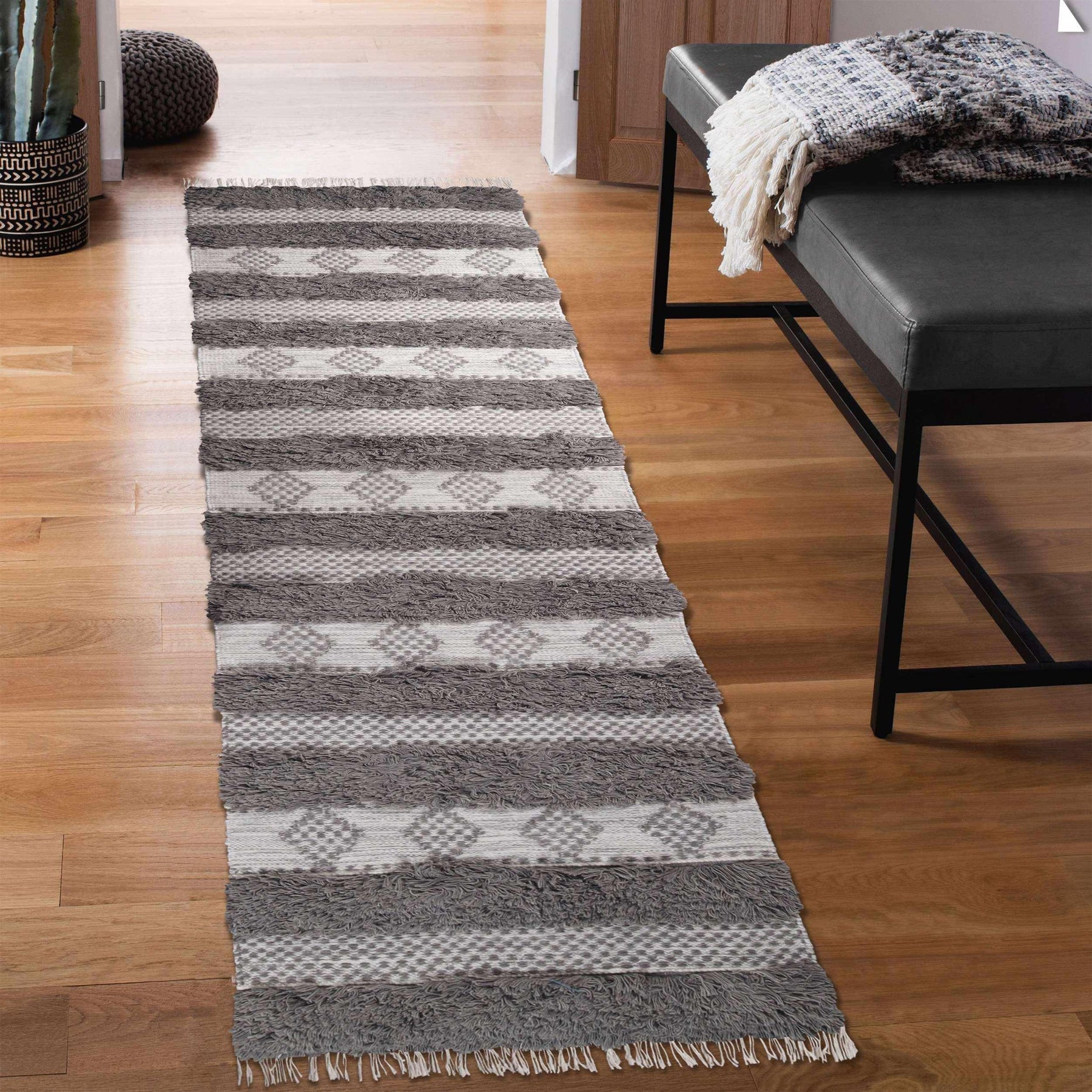 Farmhouse Wool Geometric Stripe Fringe Indoor Area or Runner Rug
