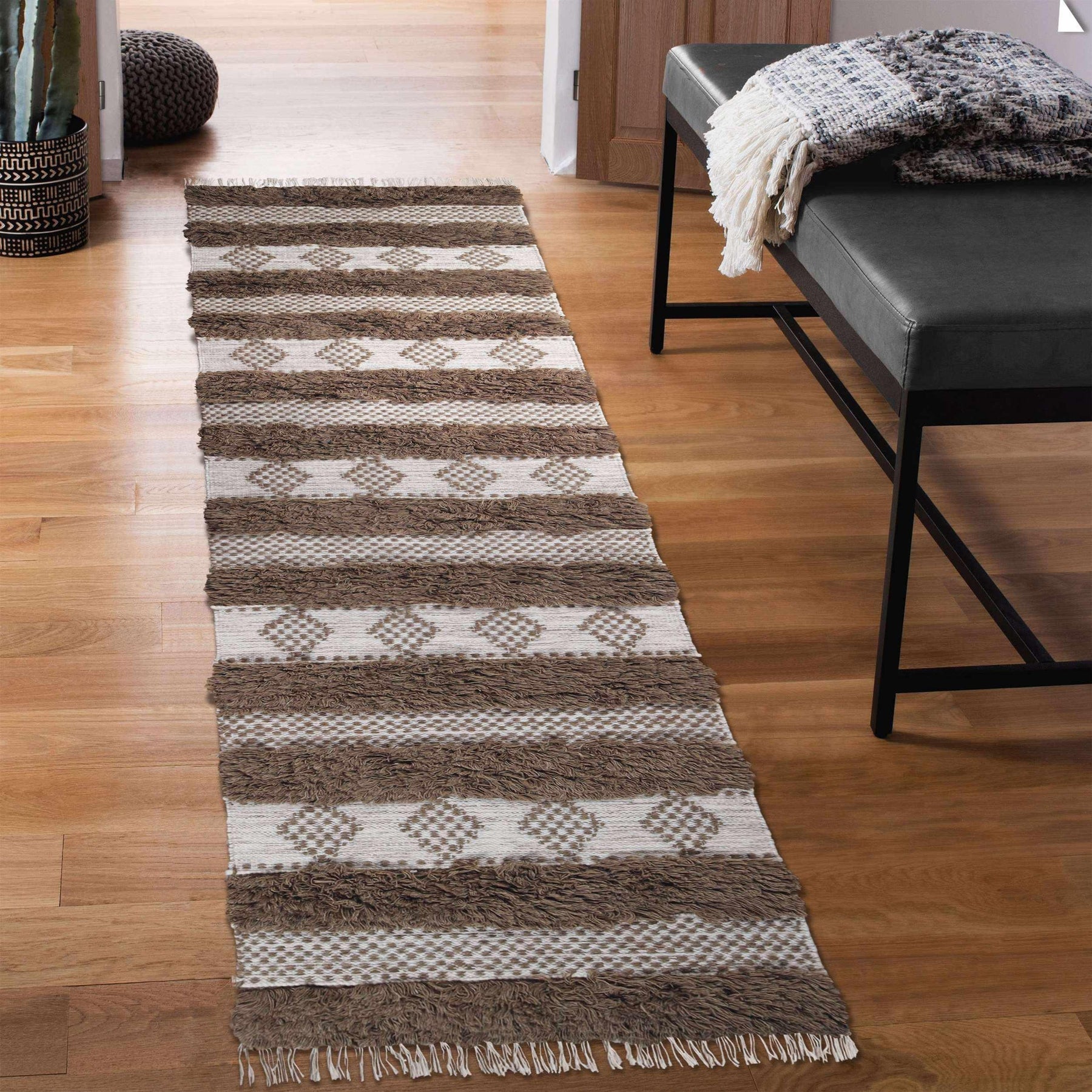 Farmhouse Wool Geometric Stripe Fringe Indoor Area or Runner Rug