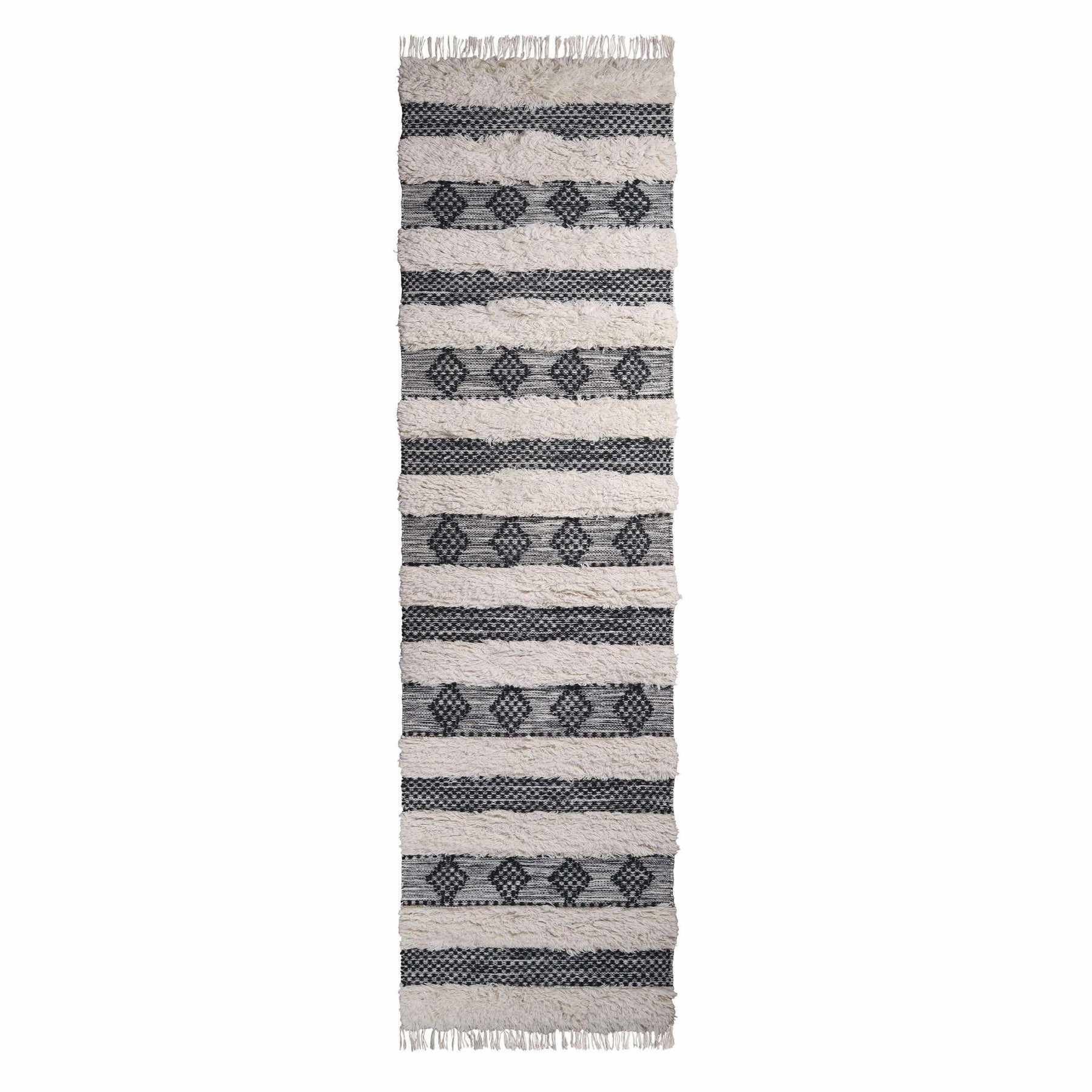 Farmhouse Wool Geometric Stripe Fringe Indoor Area or Runner Rug