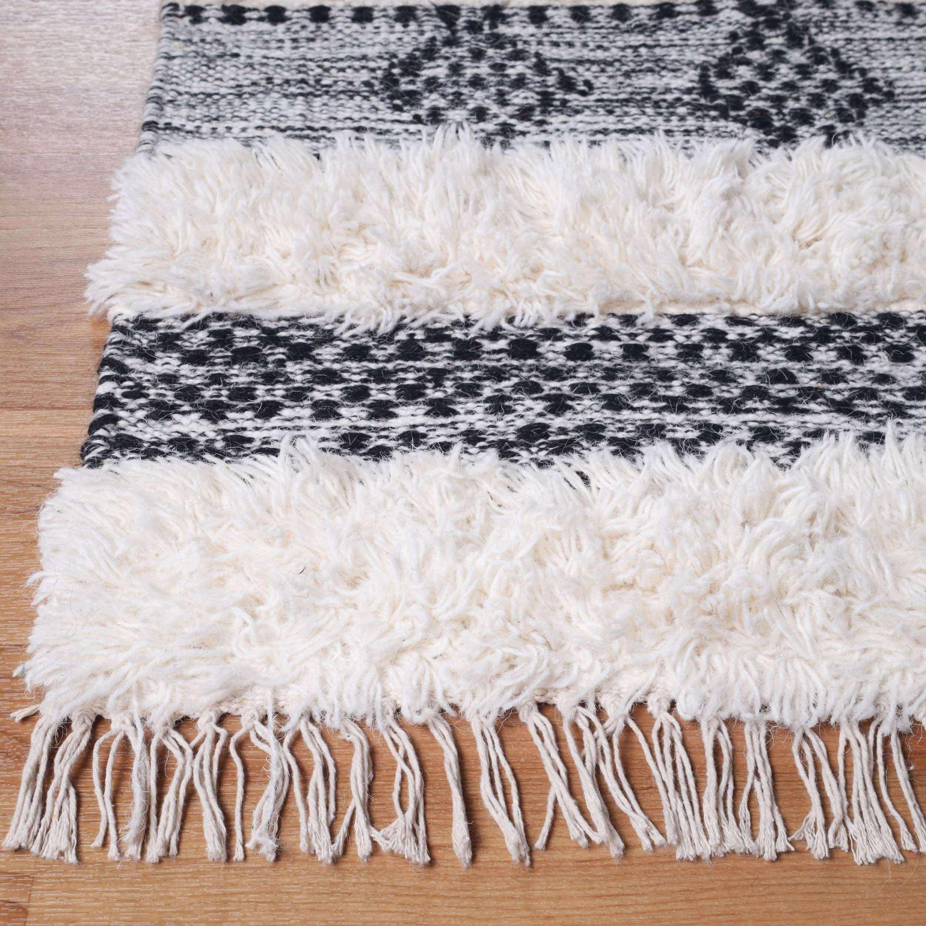 Farmhouse Wool Geometric Stripe Fringe Indoor Area or Runner Rug