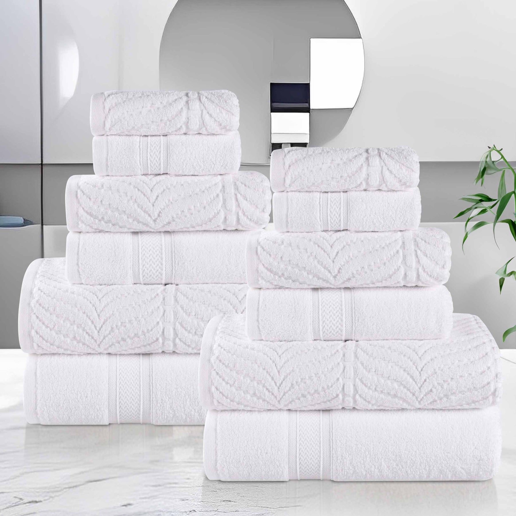 Chevron Zero Twist Solid and Jacquard Soft Cotton 12 Piece Towel Set