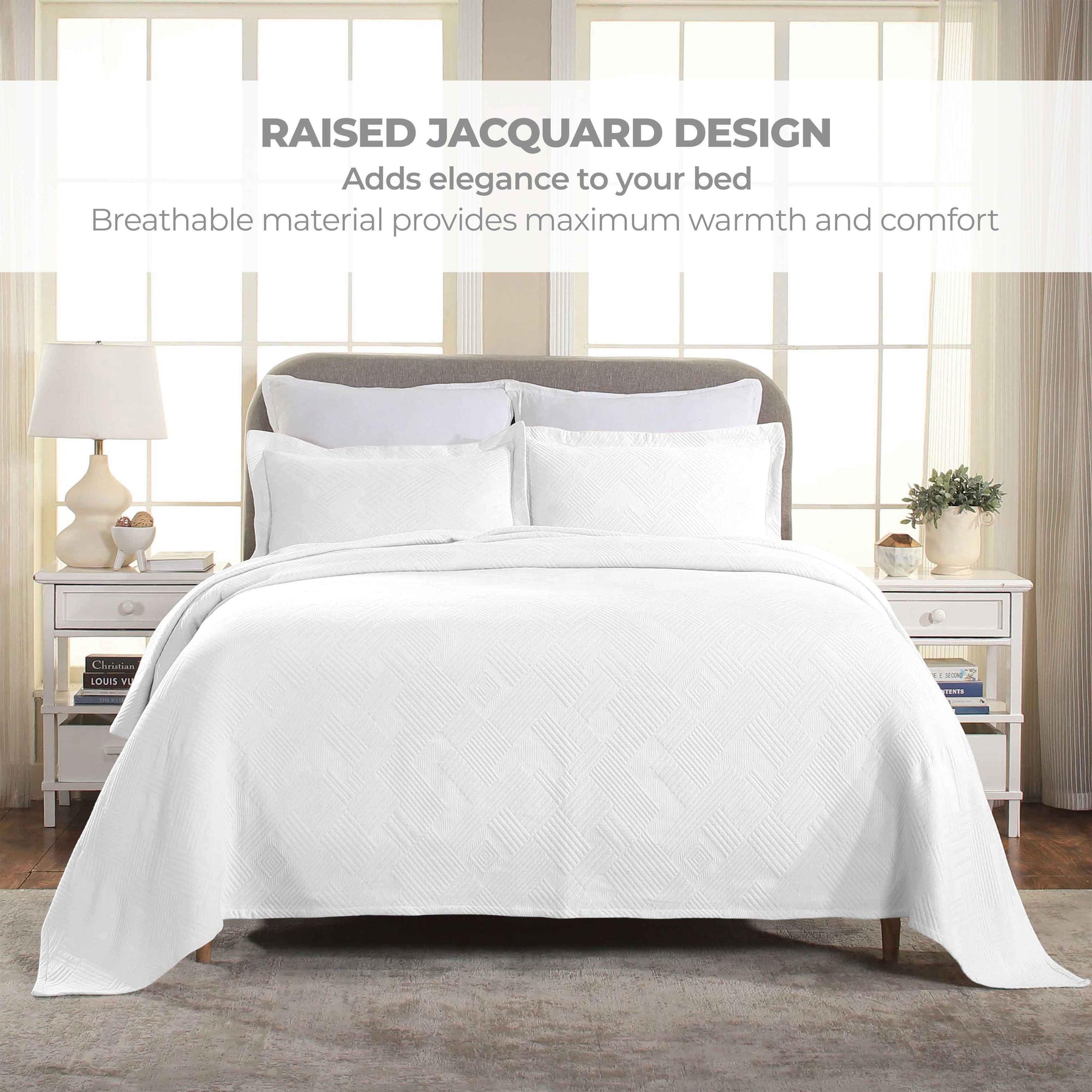 Cotton Jacquard Matelassé Scalloped Geometric Fret Bedspread Set